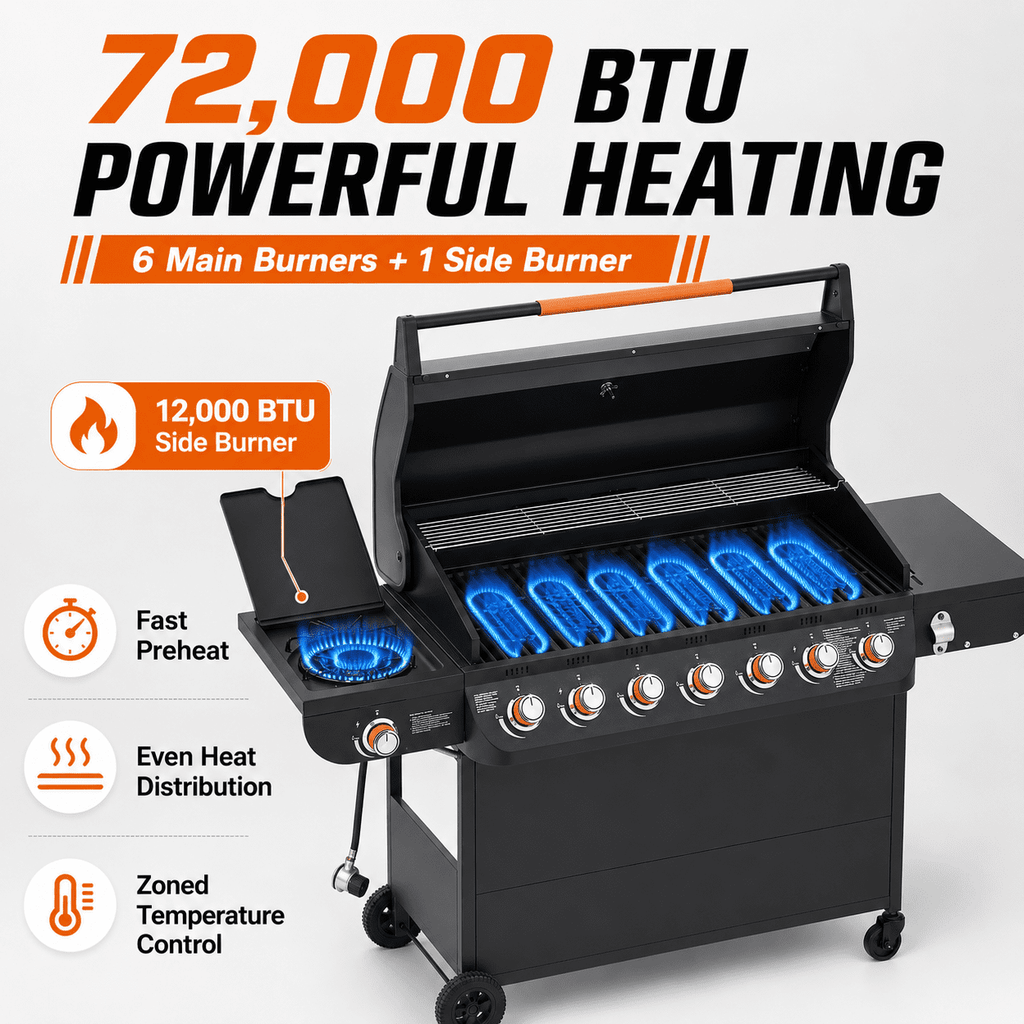 72,000 BTU Gas Grills Clearance, 6-Burner Propane BBQ Grill with Side Burner, 650 Sq.In Cooking Area, Cast Iron Grates, Warming Rack, Thermometer, Outdoor Grill for Patio Backyard