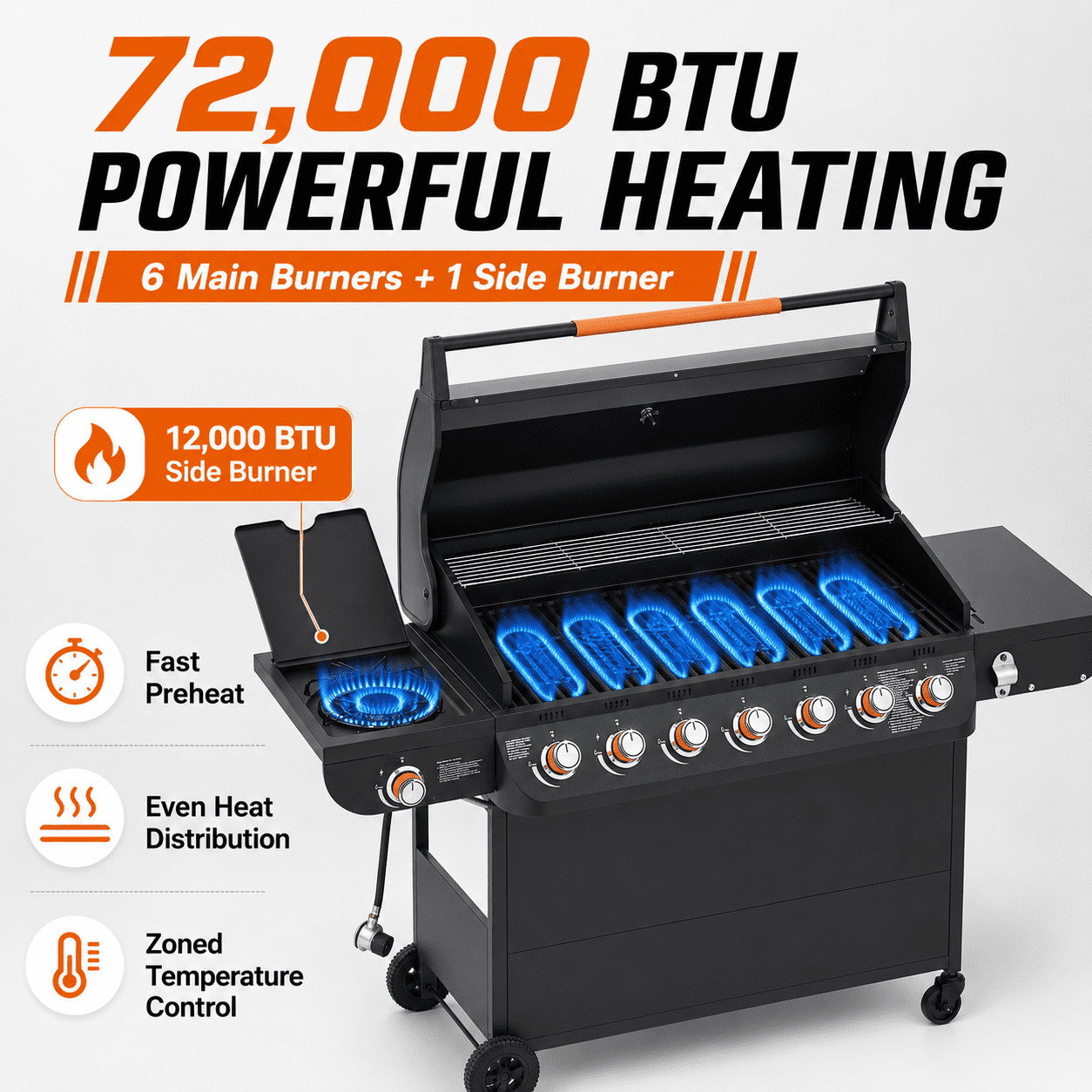 72,000 BTU Gas Grills Clearance, 6-Burner Propane BBQ Grill with Side Burner, 650 Sq.In Cooking Area, Cast Iron Grates, Warming Rack, Thermometer, Outdoor Grill for Patio Backyard
