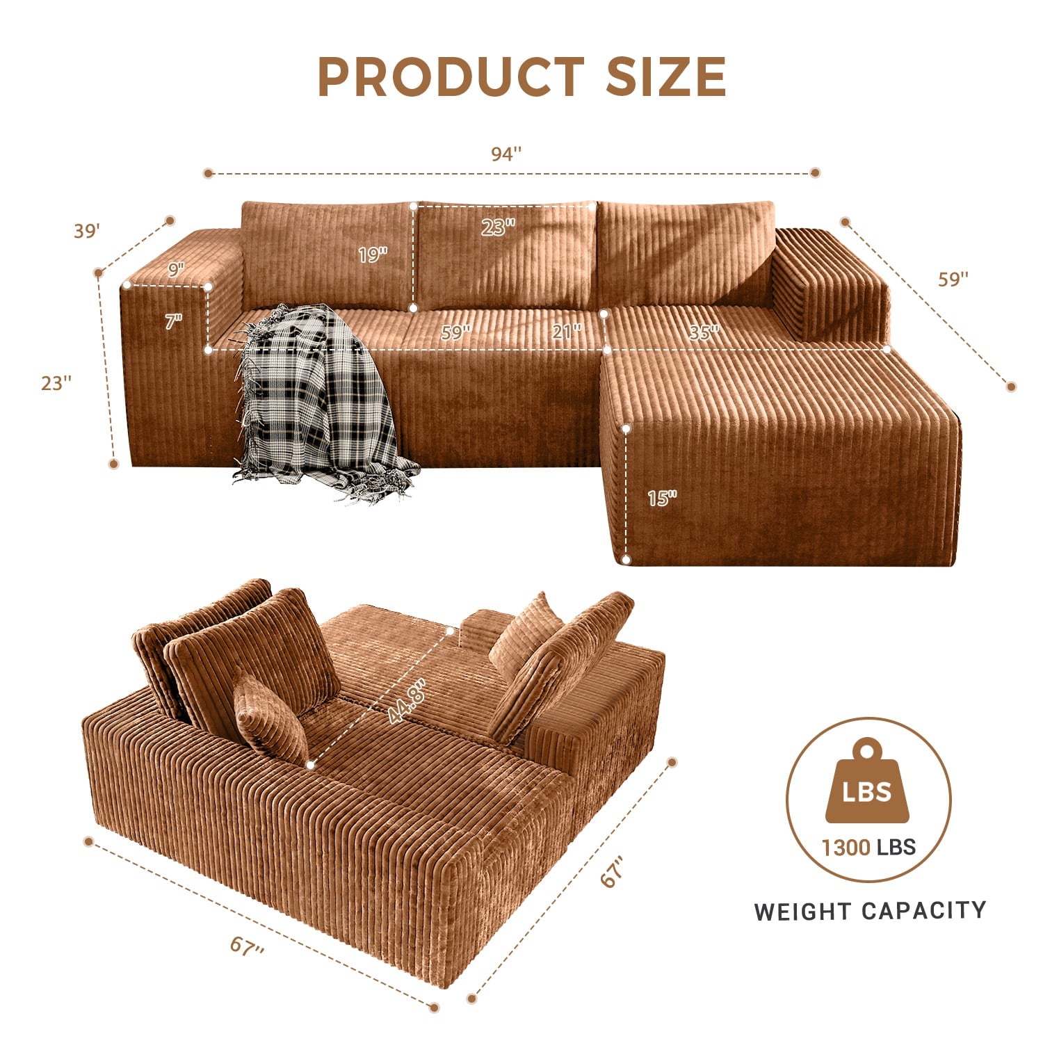 YVDNHP Modular Cloud Sofa - No Assembly Required, 107.8 Oversized L-Shaped Sectional with Chaise, Flannel Fabric Deep Seating Couch for Living Room