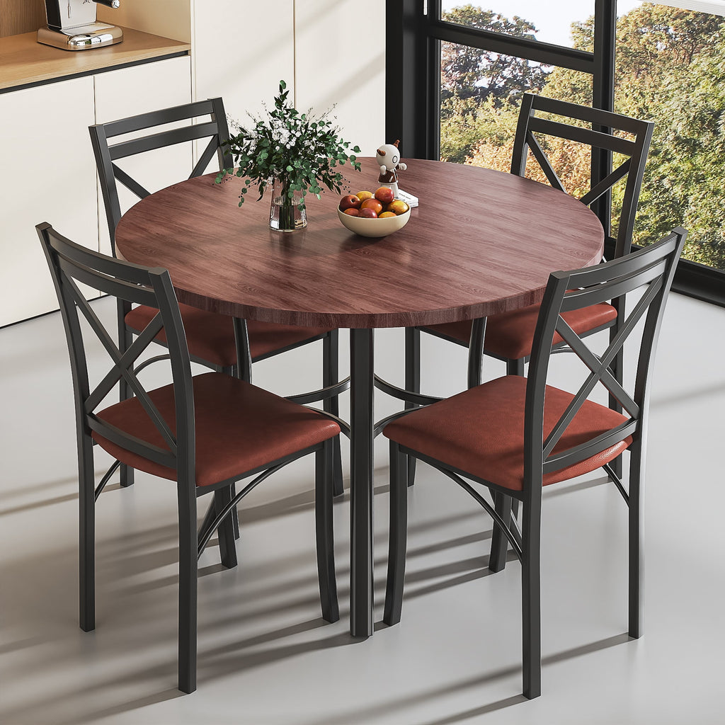 VECELO 5-Piece Dining Table Set, Modern Faux Marble Table and 4 Upholstered Chairs Set for 4, Round Dining Room Table Set for Small Space, Breakfast Nook, Apartment, Black