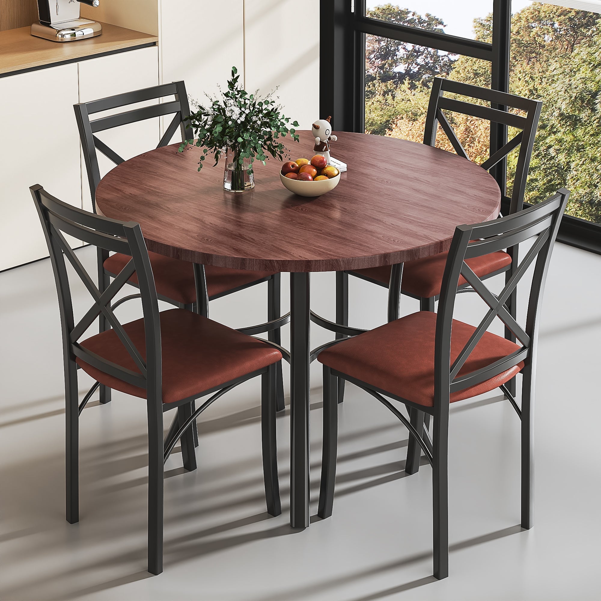 VECELO 5-Piece Dining Table Set, Modern Faux Marble Table and 4 Upholstered Chairs Set for 4, Round Dining Room Table Set for Small Space, Breakfast Nook, Apartment, Black