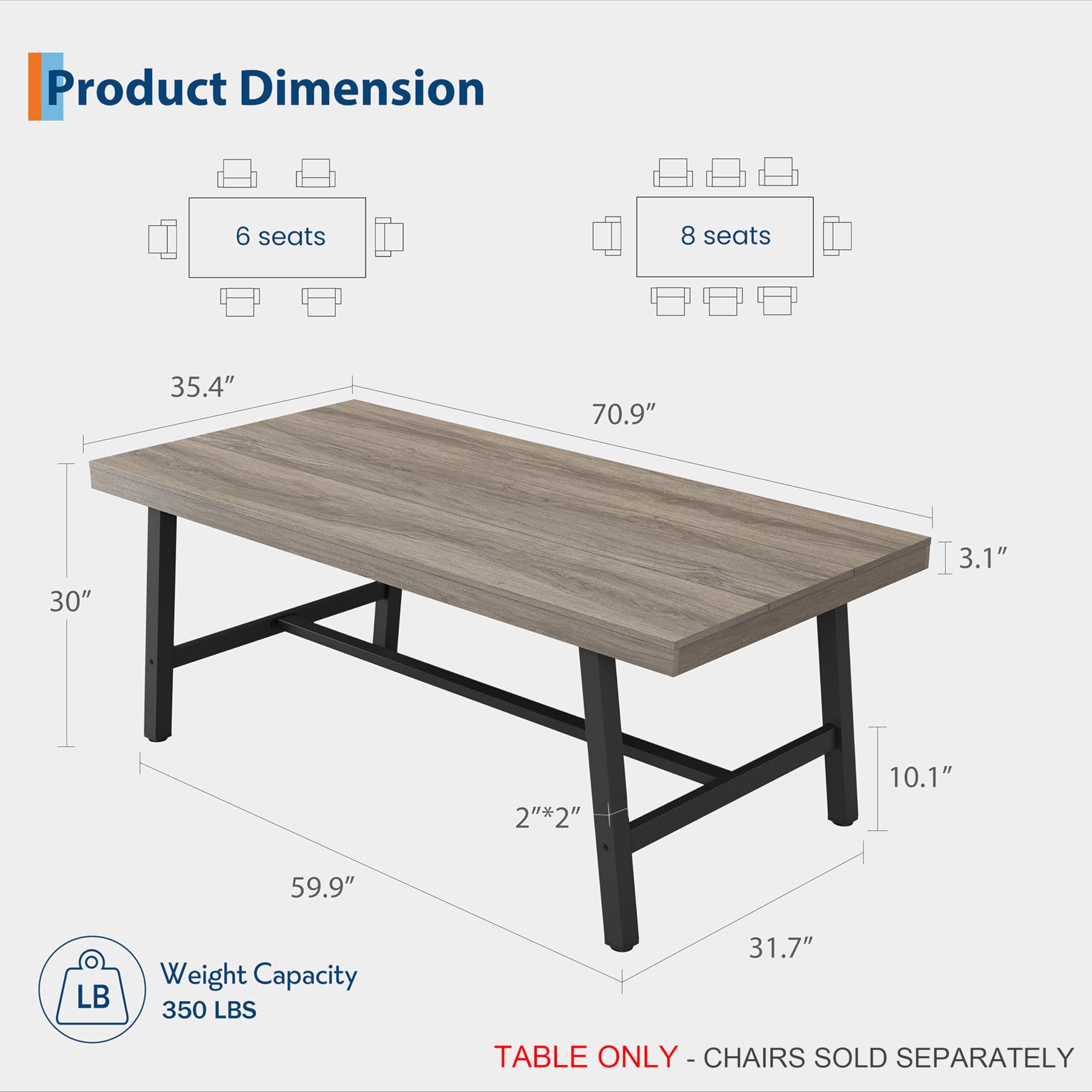70.87 Inch Long Large Rectangle Dining Table for 6-8 People, Modern Kitchen Dining Room Table with Rustic Wooden Tabletop & Strong Metal frame(Only Gray Walnut Table)