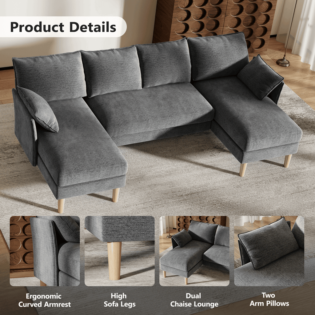 BedLuxury 100 U-Shape Sectional Sofa with Chaise, Chenille Modern Couch with High Legs for Living Room, Apartment, Gray