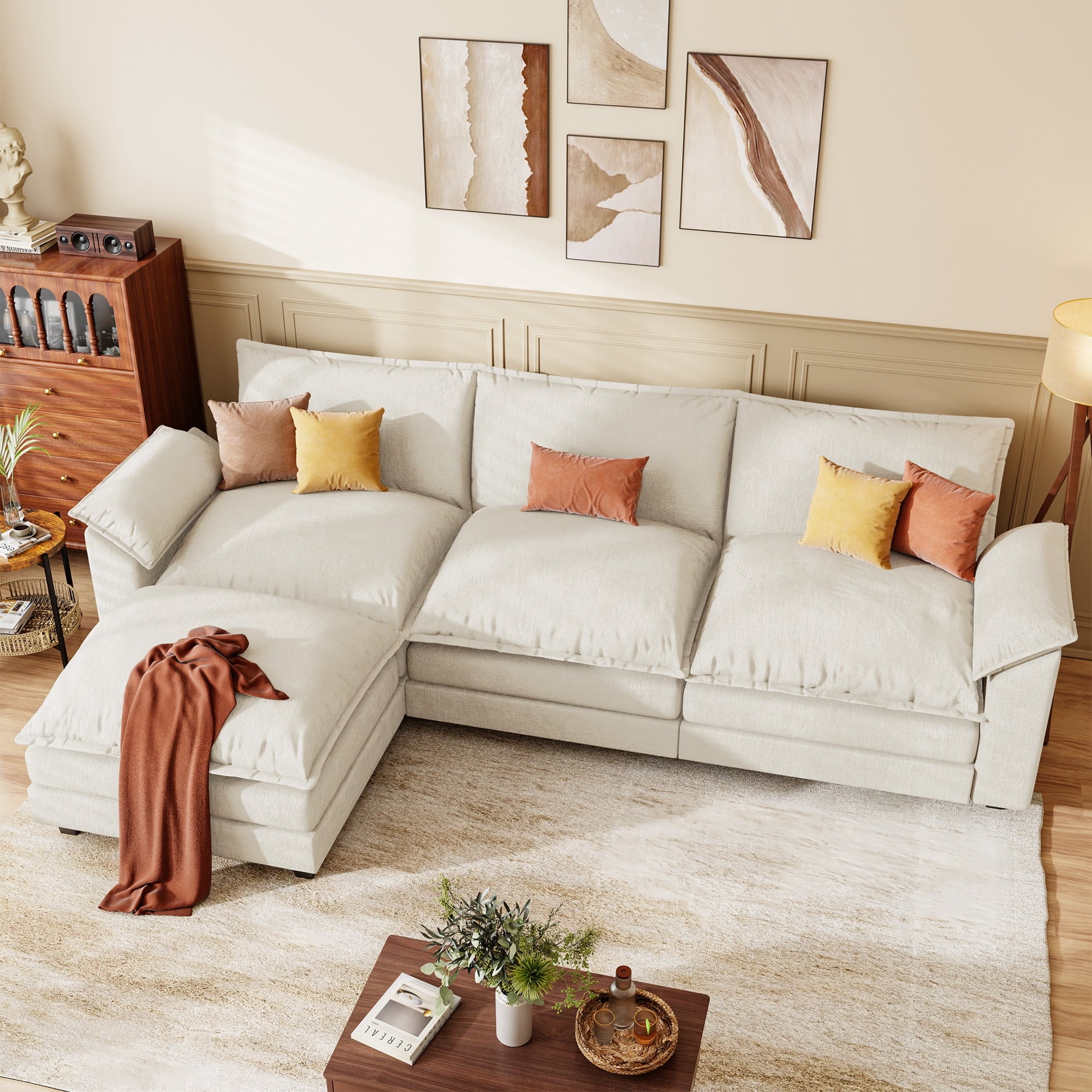 Homall 3-seat L-shaped Cloud Couch Sectional Sofa with reversible toffee chair Movable Footrest Sofa, Gray