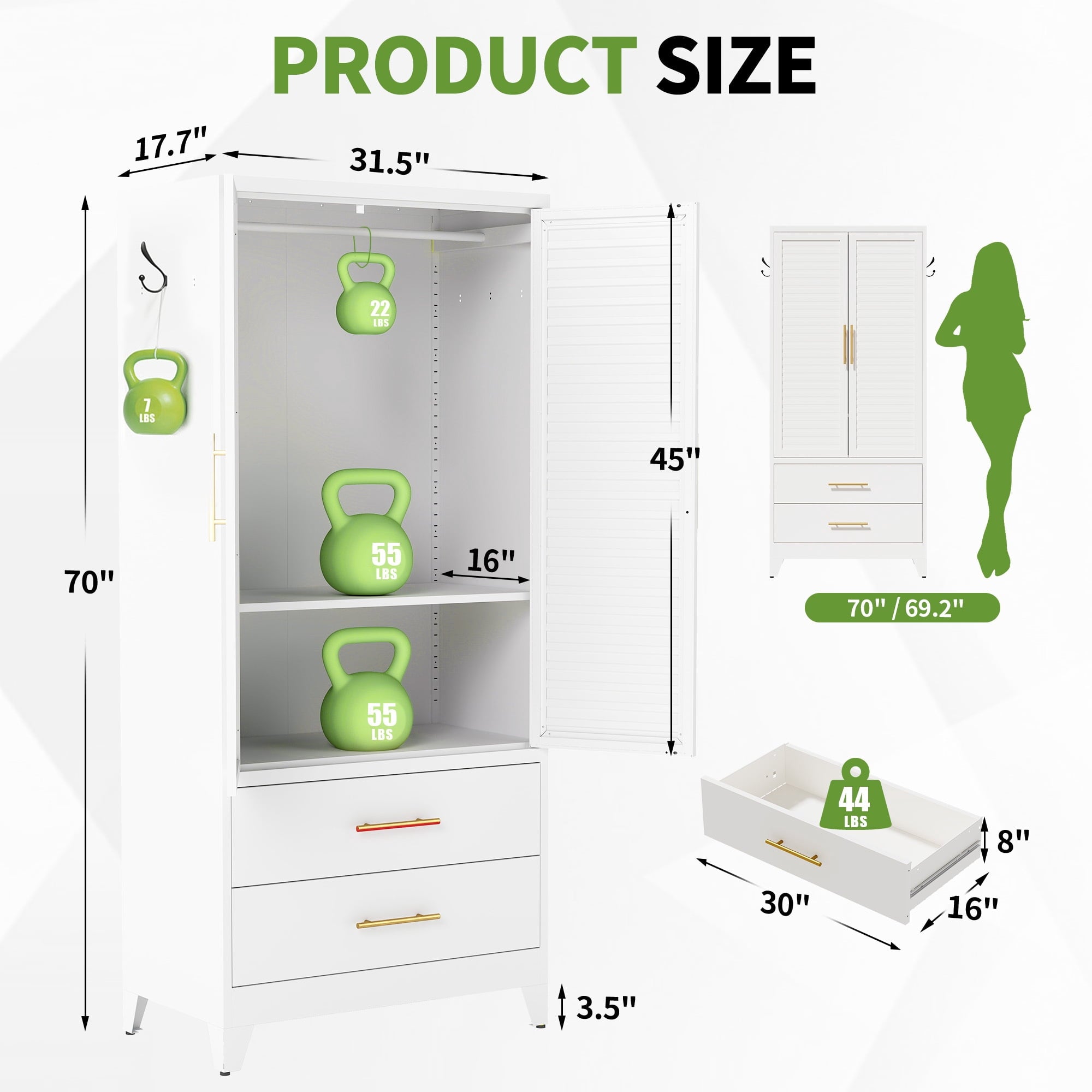 avobird 60 Tall Metal Wardrobe Cabinet with 1 Drawer and Hanging Rod, 2 Doors Wardrobe Closet with Shelf for Bedroom, Beige