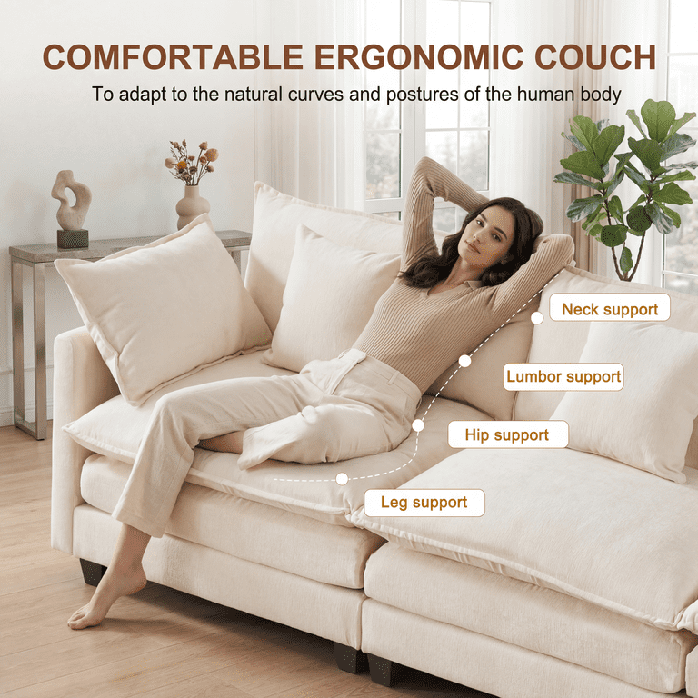 Dioepic Cloud Chenille 3-Seat Living Room Sectional Sofa Modern Cloud Couch 111.4 with Ottoman & 3 Pillows, Grey