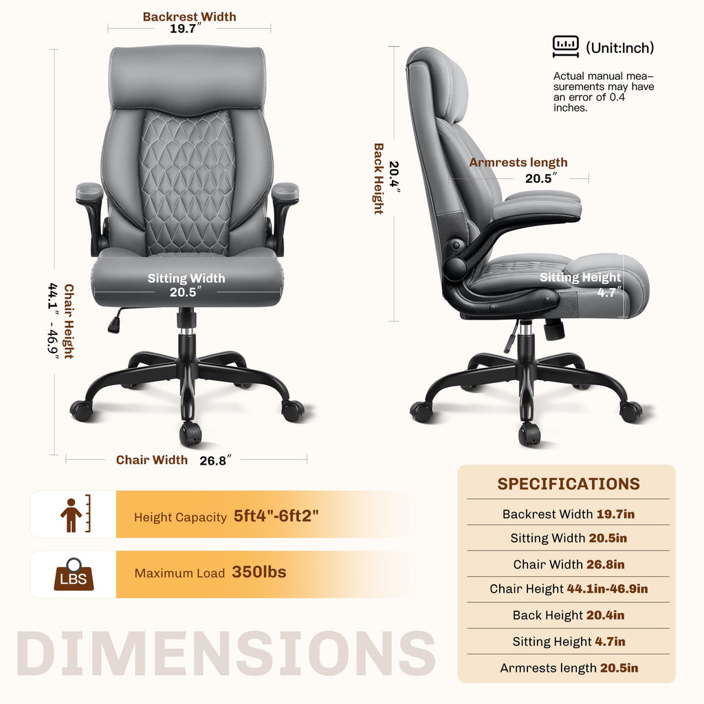 FASTES Executive Office Chair, Ergonomic Desk Chair with Adjustable Armrests, Computer Leather Chair Big and Tall Office Chair with Footrest and Lumbar Support, Brown