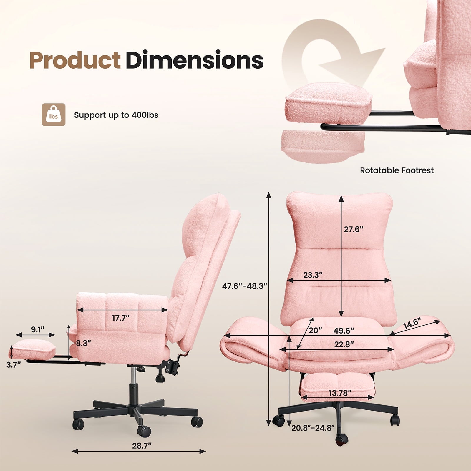 Patbrela Big and Tall Office Chair, Teddy Plush Swivel Desk Chair Ergonomic Computer Chairs with Adjustable Armrests, Beige