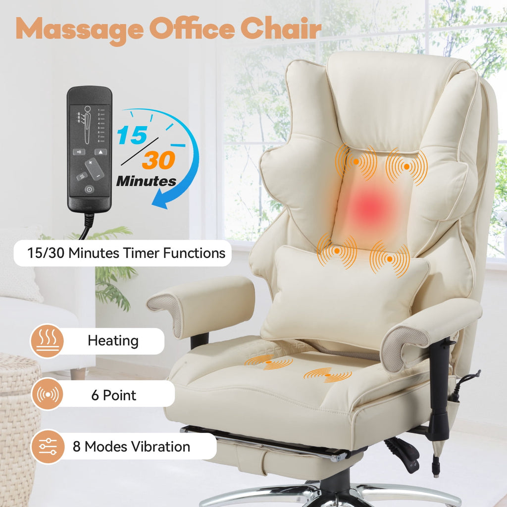 Massage & Heated Office Chair with Foot Rest, Ergonomic Executive Office Chair with Reclining Backrest, Adjustable Arms and Lumbar Support, High Back Leather Desk Chairs for Home Office, Beige
