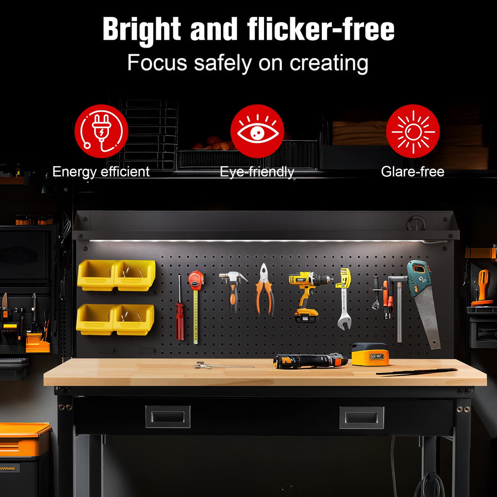 MUWOOD Multifunctional Workbench 60x22 with Pegboard Worktable w/ Power Outlets, LED, Work Bench For Garage max. 1500W Heavy Duty Workbench 2000lbs Weight Capacity