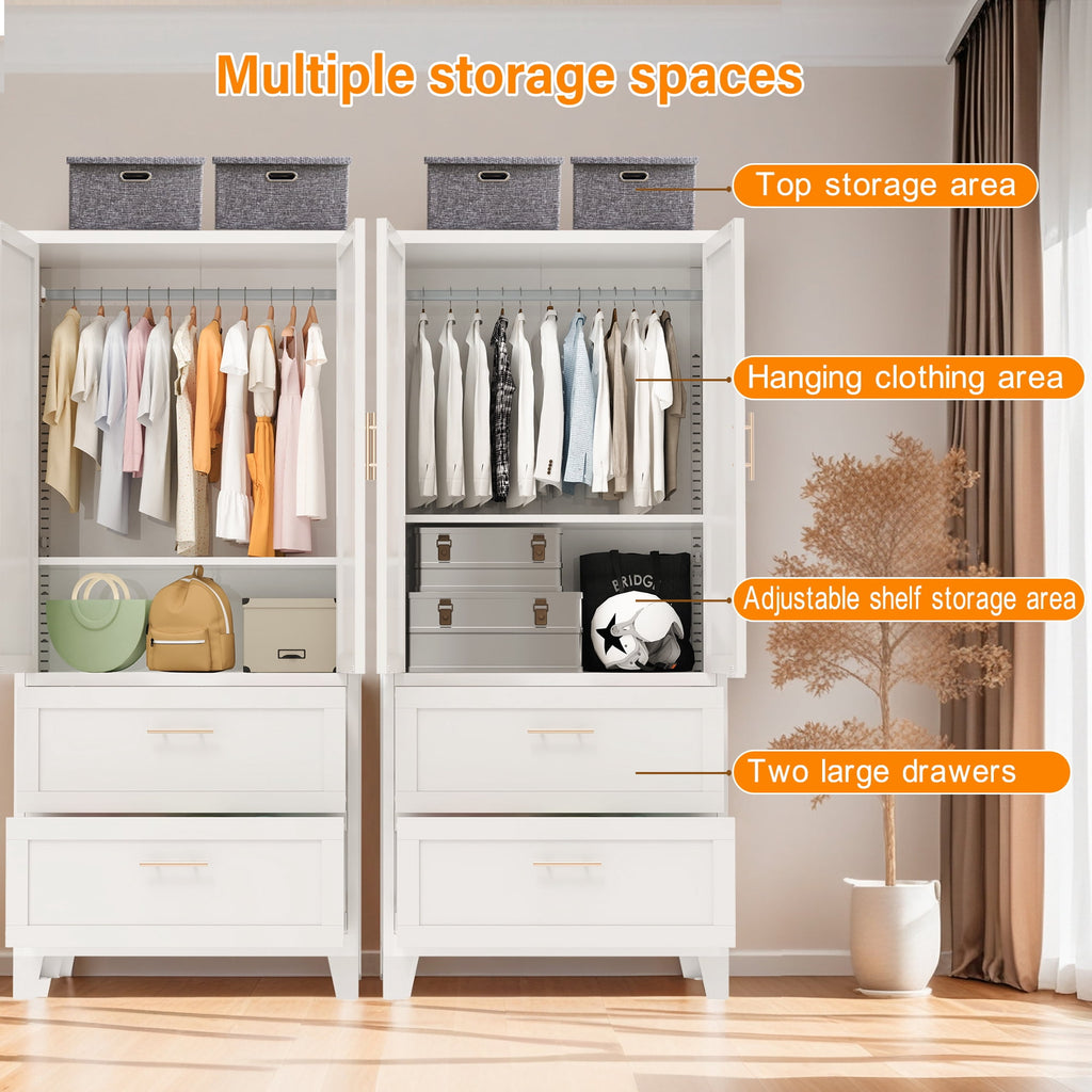 avobird 60 Tall Metal Wardrobe Cabinet with 1 Drawer and Hanging Rod, 2 Doors Wardrobe Closet with Shelf for Bedroom, Beige