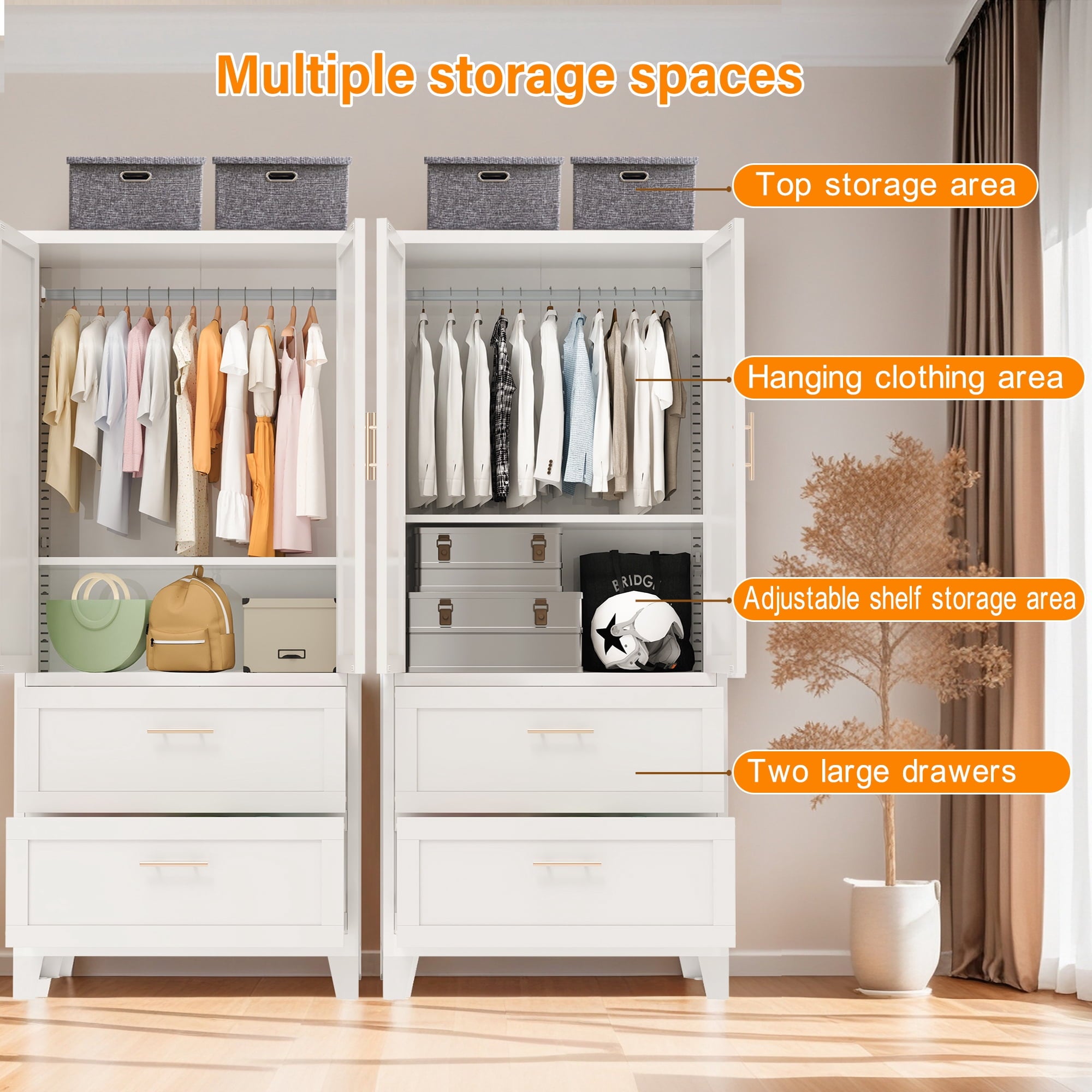 avobird 60 Tall Metal Wardrobe Cabinet with 1 Drawer and Hanging Rod, 2 Doors Wardrobe Closet with Shelf for Bedroom, Beige