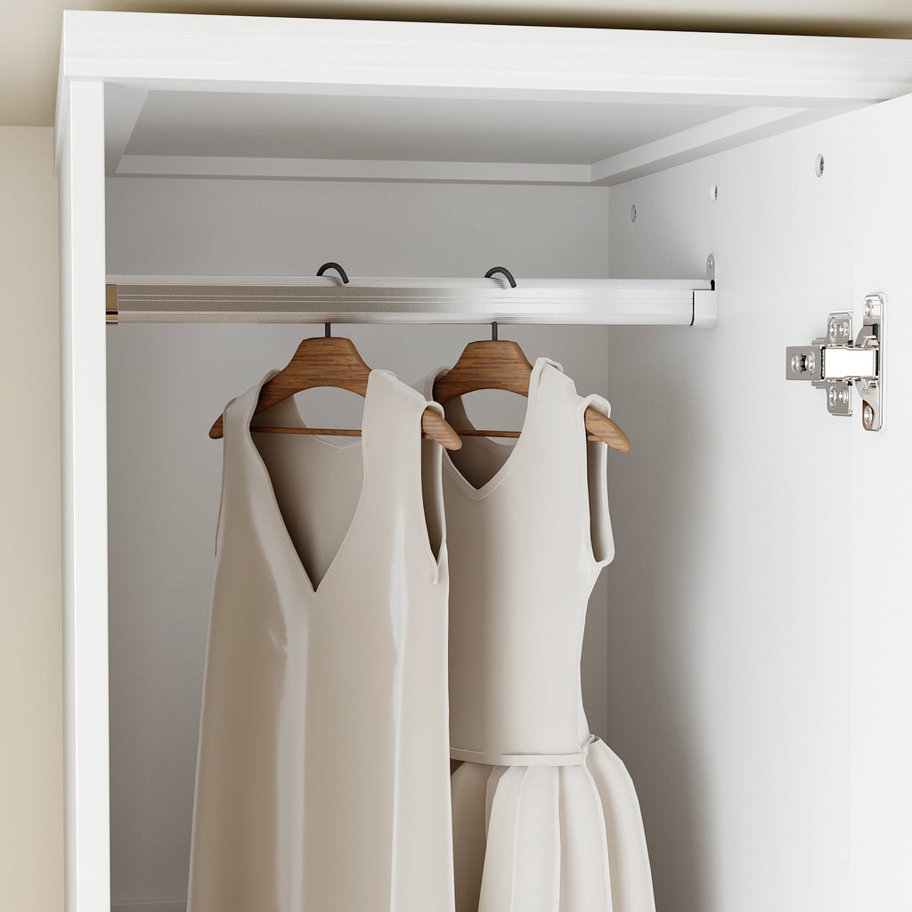 KULAGAGA Wardrobe Closet with Hanging Rod, Modern Wooden Armoire with 4 Framed Doors & 3 Large Shelves, Clothes Storage Cabinet Organizer for Bedroom Apartment, White