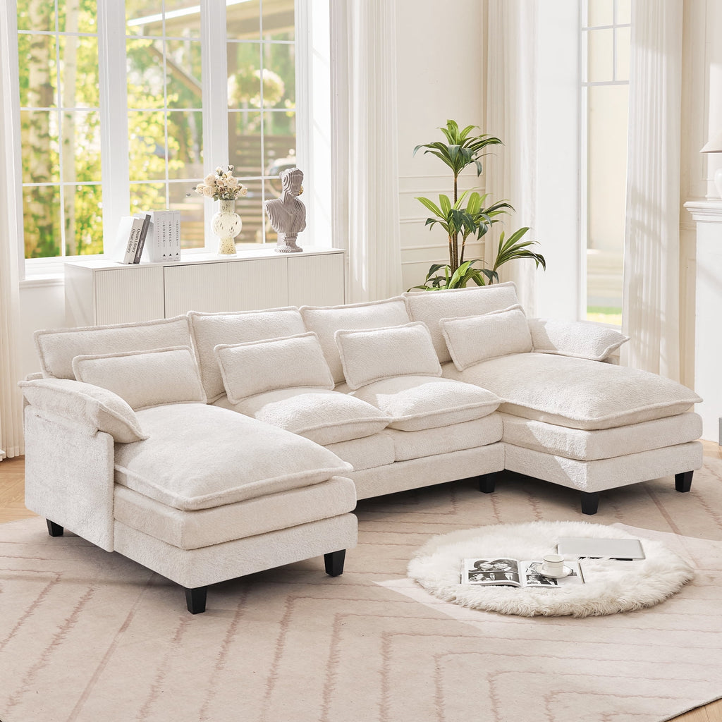JONPONY109.45 U Shaped Couch,Oversized 4 Seat Sectional with 4 Waist Pillows, Convertible Upholstery Symmetrical Sofá,Sleeper Sofa Couch with Double Chaise Lounge &Memory Foam for Living Room, Beige