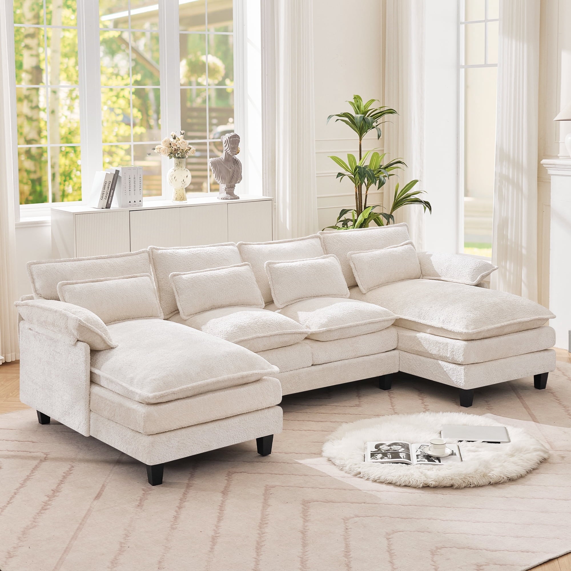 JONPONY109.45 U Shaped Couch,Oversized 4 Seat Sectional with 4 Waist Pillows, Convertible Upholstery Symmetrical Sofá,Sleeper Sofa Couch with Double Chaise Lounge &Memory Foam for Living Room, Beige