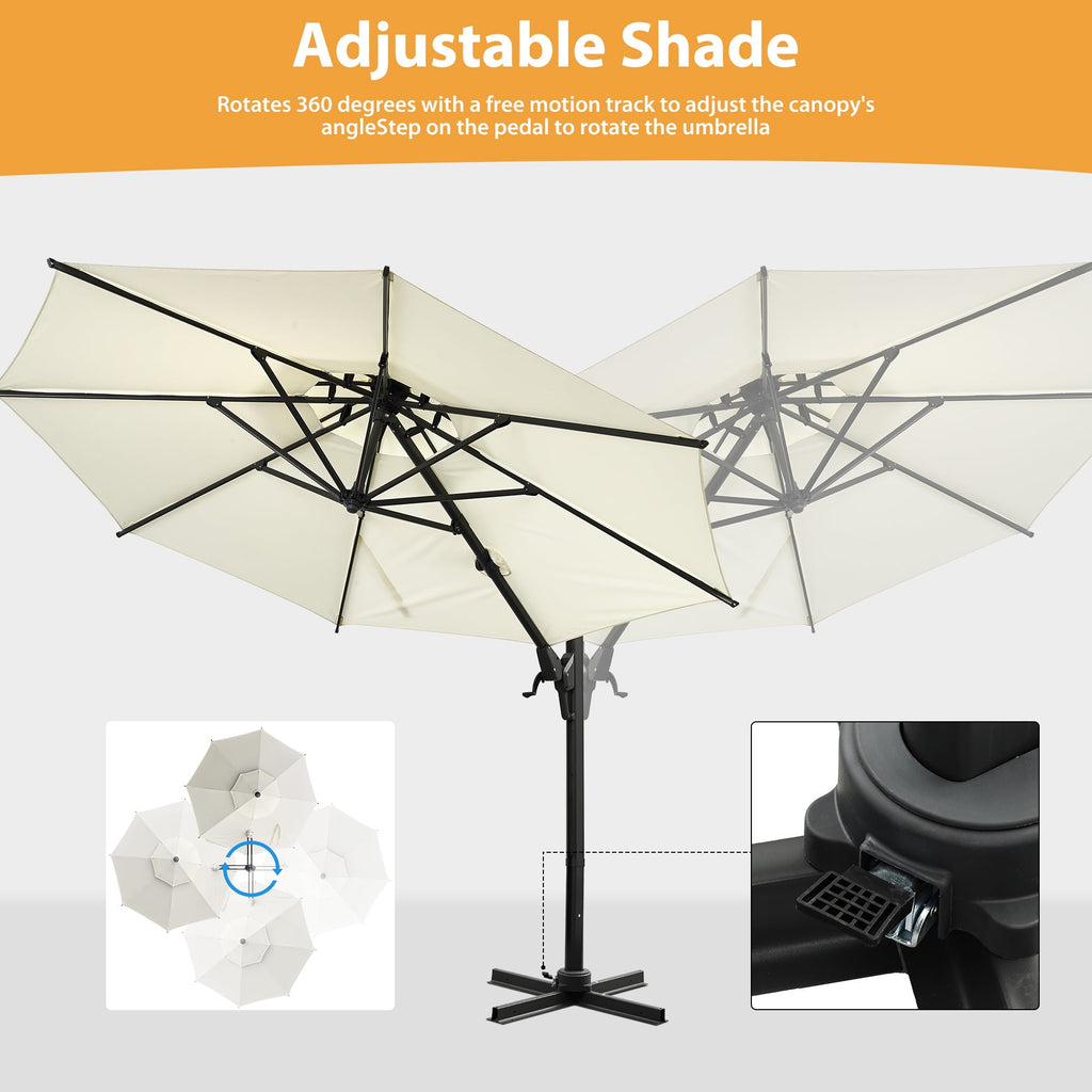 Ainfox 10ft Double Top Heavy-Duty Patio Cantilever Umbrella with lights and Cross Base, Outdoor Large Offset Hanging Aluminum Rotation Sun Shade Solar Umbrella with 360°Rotation Adjustable,Khaki