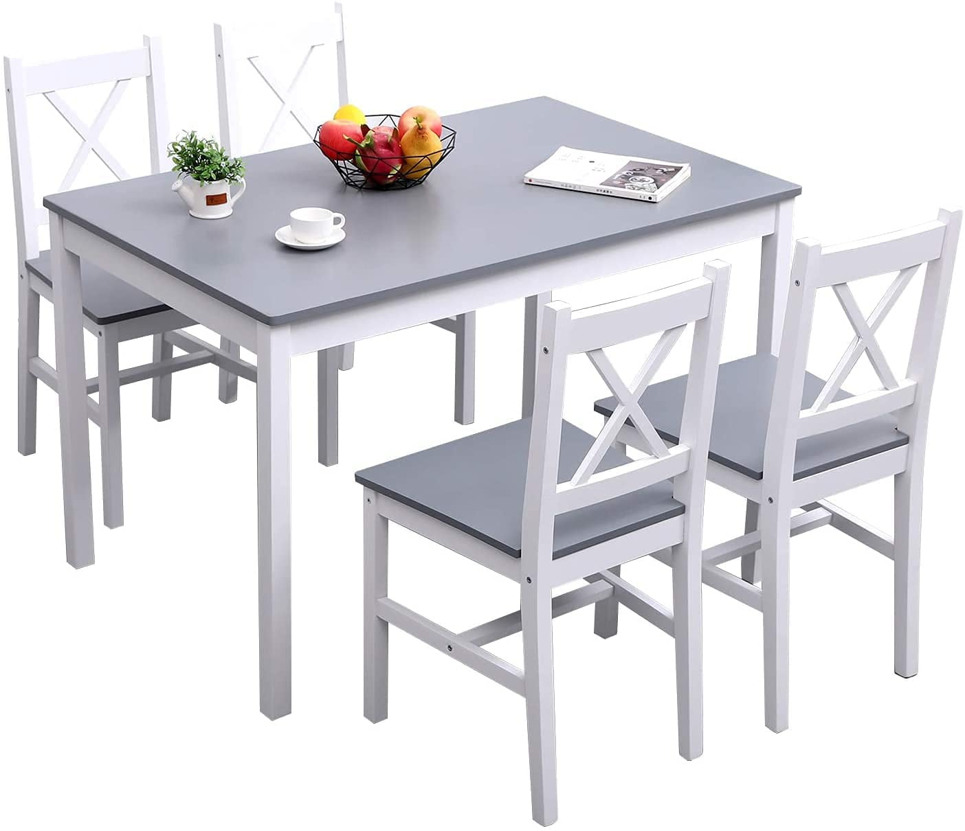 Soges 4-Person Dining Table Set 5 Pieces, Wood Kitchen Table Set with 4 Chairs for Kitchen Dining Room Restaurant, White&Oak