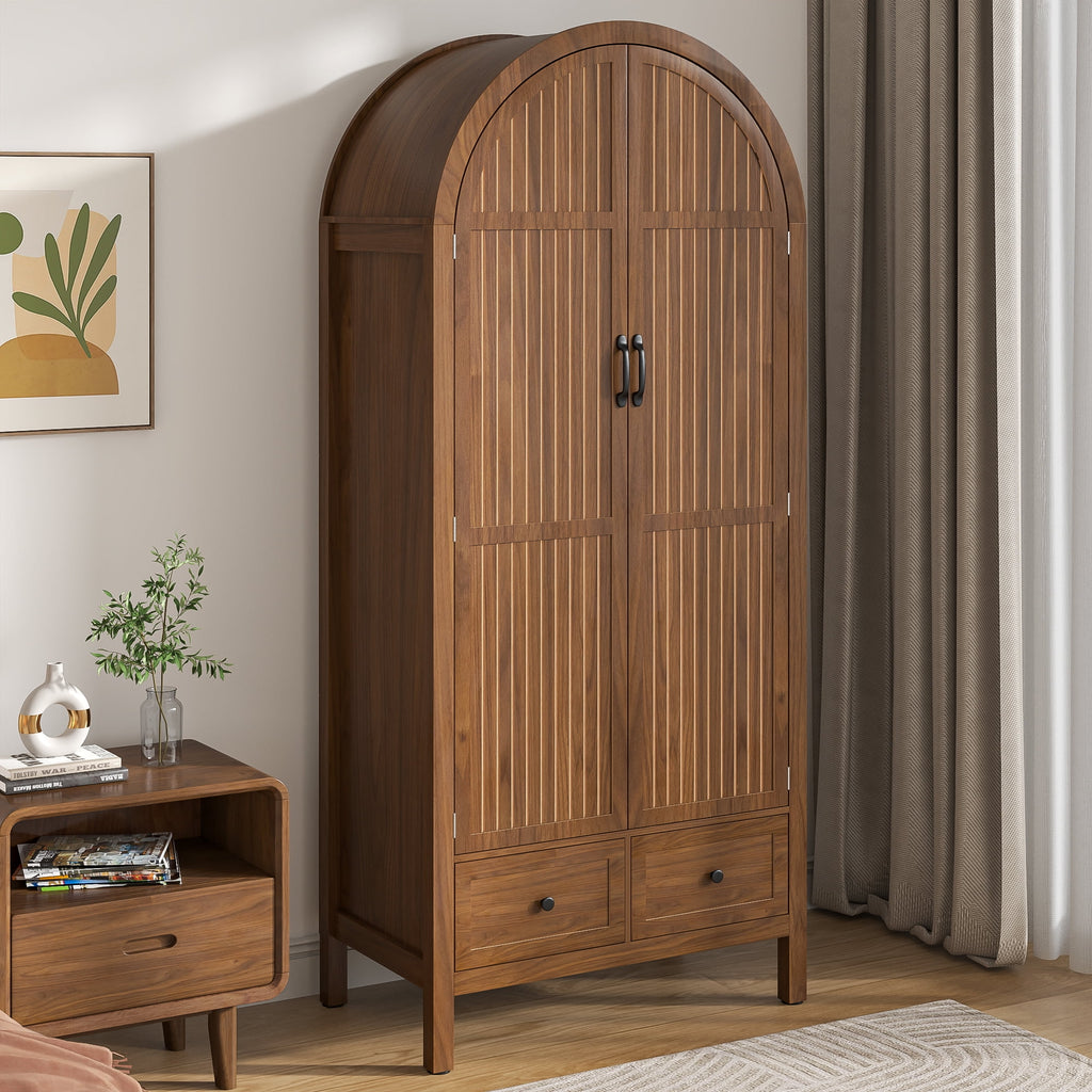 Armoire Wardrobe Closet, Wardrobe Cabinet with Drawers and Hanging Rod, Wooden Armoire Closet for Bedroom, Walnut