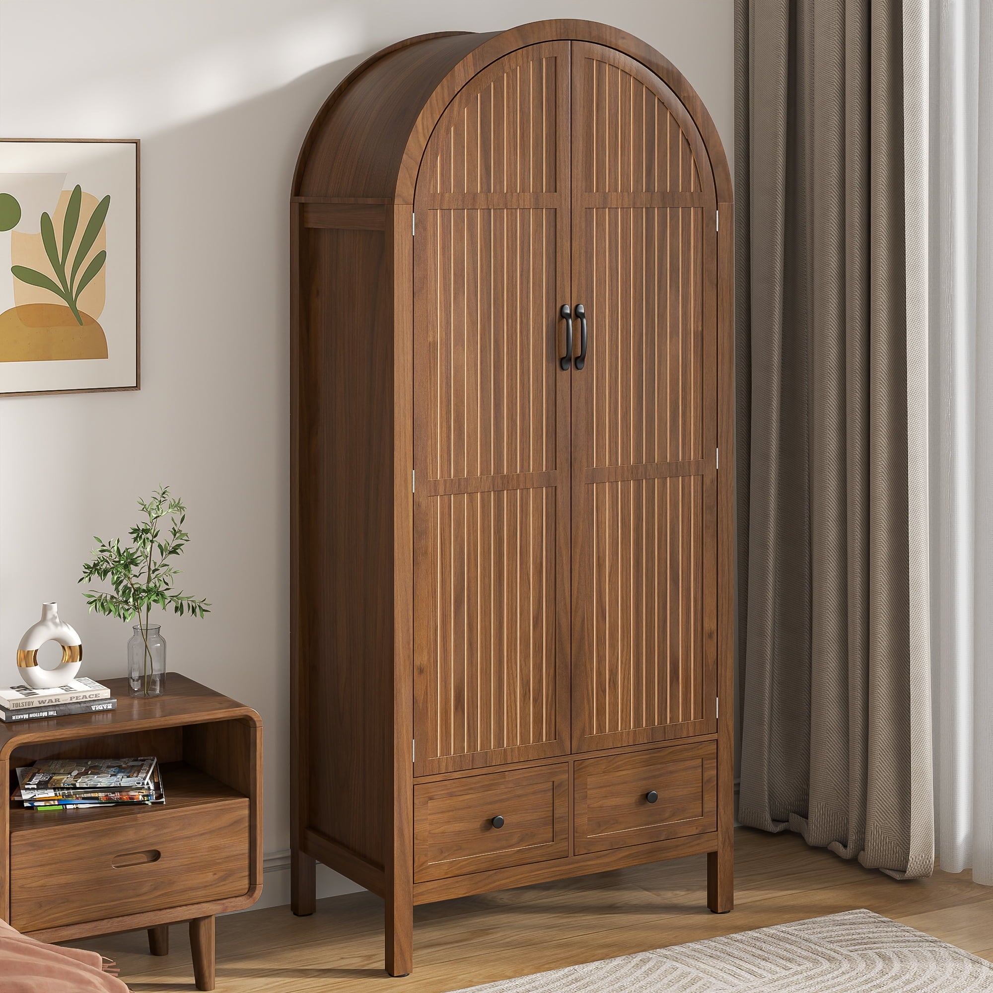 Armoire Wardrobe Closet, Wardrobe Cabinet with Drawers and Hanging Rod, Wooden Armoire Closet for Bedroom, Walnut