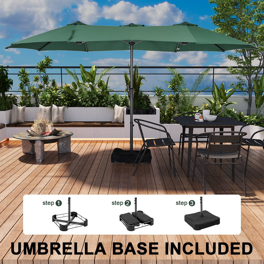 Ainfox 15ft Large Patio Umbrella with Solar Lights, Double-Sided Outdoor Rectangle Table Umbrellas with Sand Bag Base，Beige
