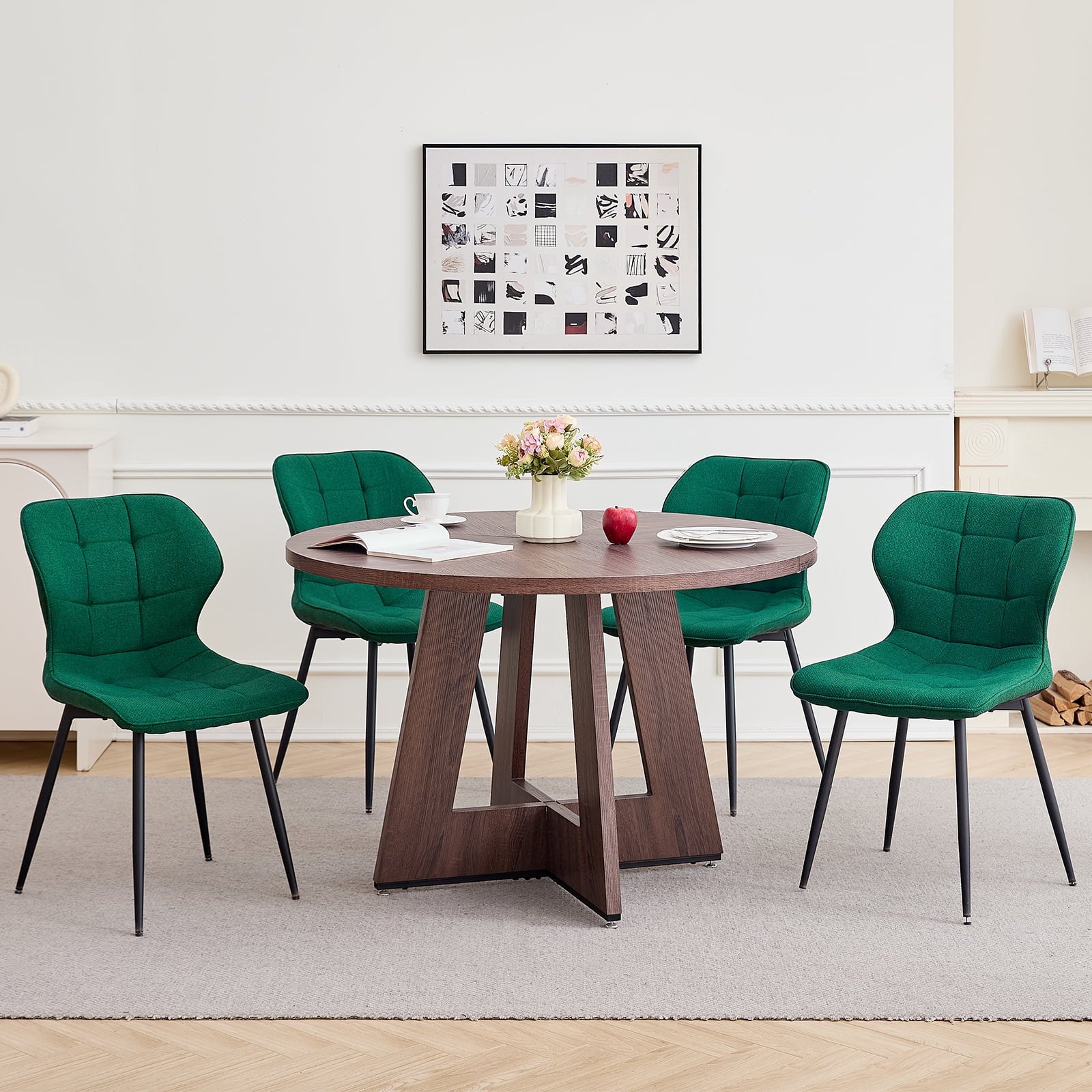 47 Round Dining Table Set for 4 Mid-Century Modern Kitchen Table with 4 Upholstered Chairs Kitchen Coffee Set Dining Table and Chairs for Living Room(Natural Table with 4 Beige Chairs)