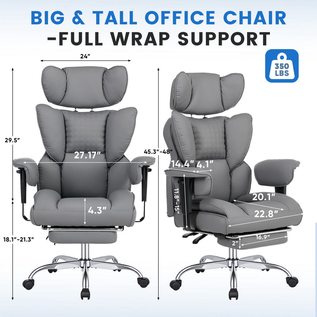 edx Executive Home Office Desk Chair, Ergonomic Big Tall High Back with Footrest & Lumbar Support, Reclining Comfy PU Leather Computer Gaming Chair with Swivel Wheels, Height Adjustable, Black
