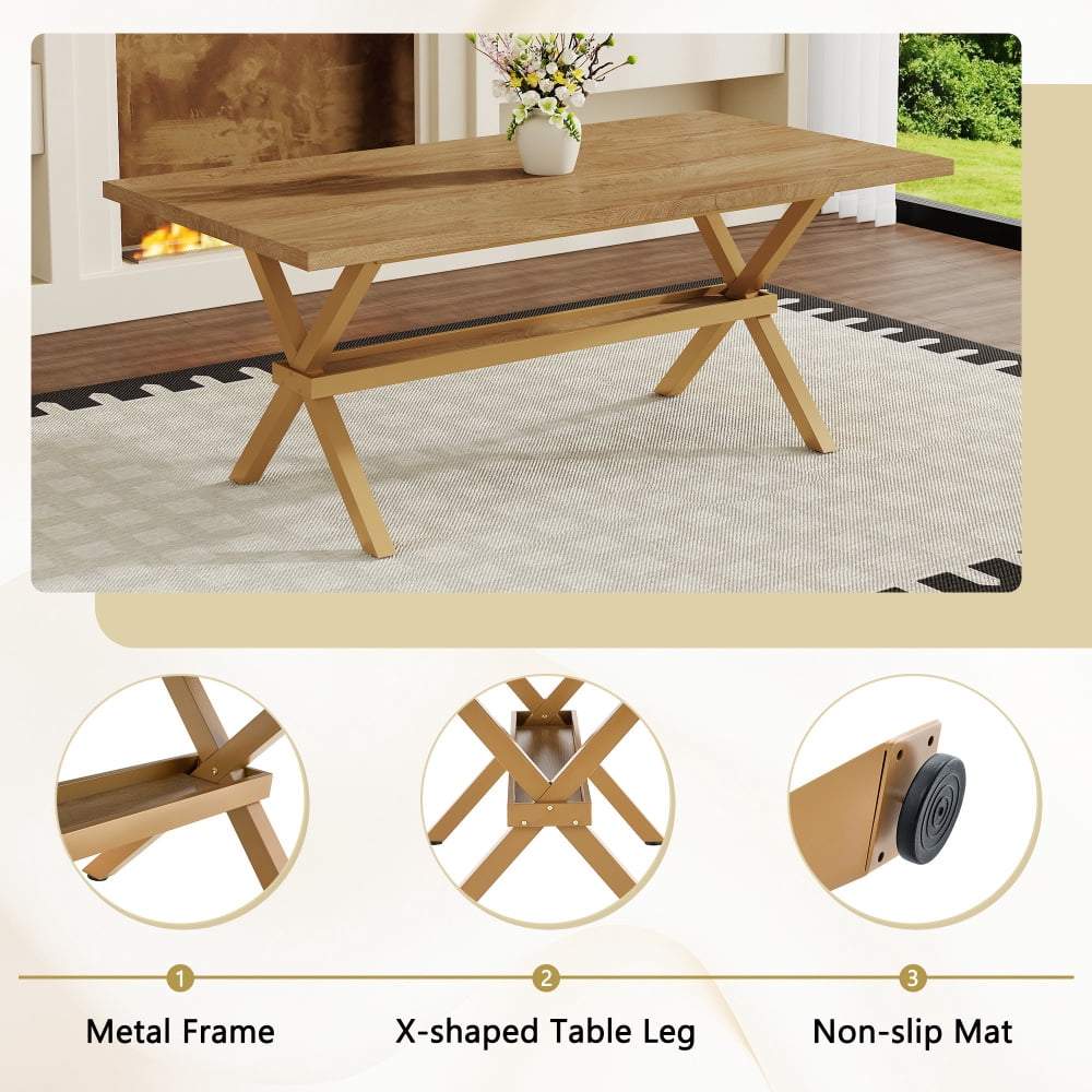 Modern 71 Wood Dining Table, Light Wood Grain MDF Top with X-Shaped Metal Legs, Seats 6-8 People, for Kitchen & Dining Room