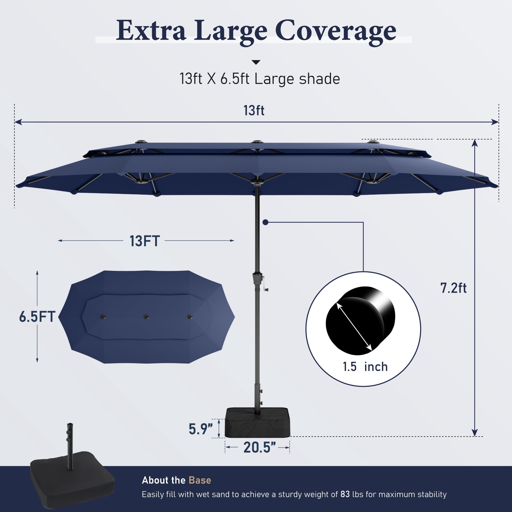 SUMMIT LIVING 13FT Patio Umbrella with Base Included - Double-Vented Rectangle Outdoor Market Umbrella for Patio - Beige