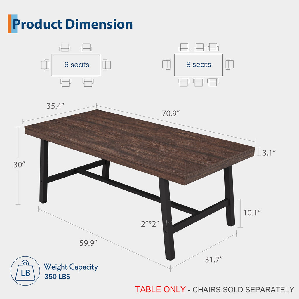 70.87 Inch Long Large Rectangle Dining Table for 6-8 People, Modern Kitchen Dining Room Table with Rustic Wooden Tabletop & Strong Metal frame(Only Gray Walnut Table)
