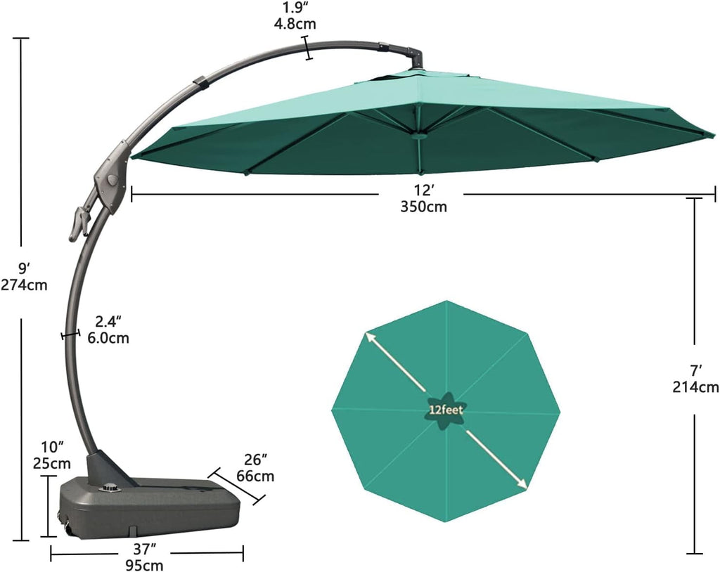 GRANDPATIO 12 Ft Outdoor Umbrella with Base, Large Aluminum Cantilever Offset Umbrella for Patio Pool, Black & White