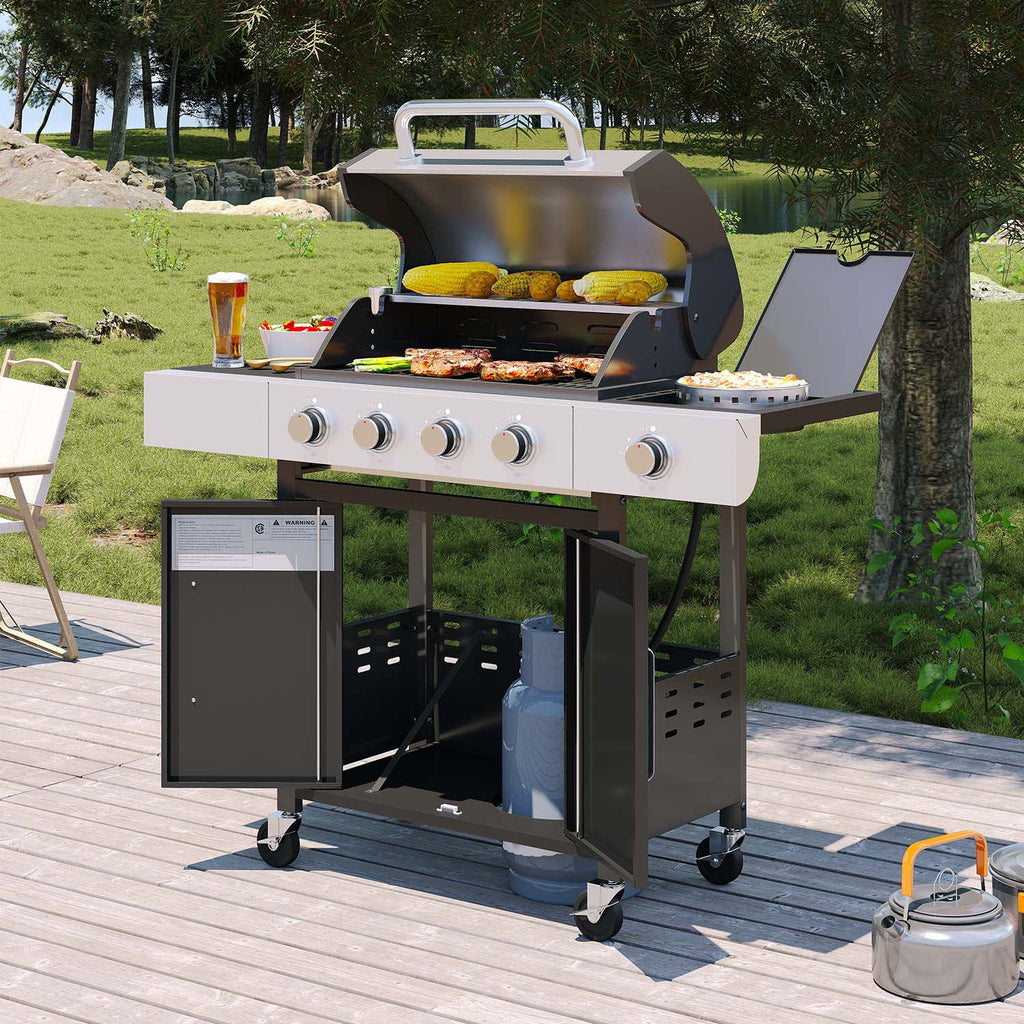 Clouddwell 4 Burner Gas Propane Grill, with 4 Casters, Side Table, and Thermometer, Patio Garden BBQ Grill Perfect for Camping, Black and Silver