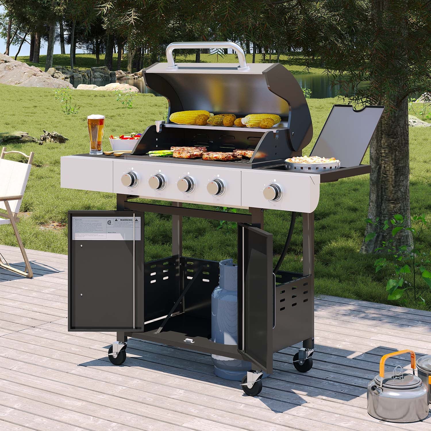 Clouddwell 4 Burner Gas Propane Grill, with 4 Casters, Side Table, and Thermometer, Patio Garden BBQ Grill Perfect for Camping, Black and Silver