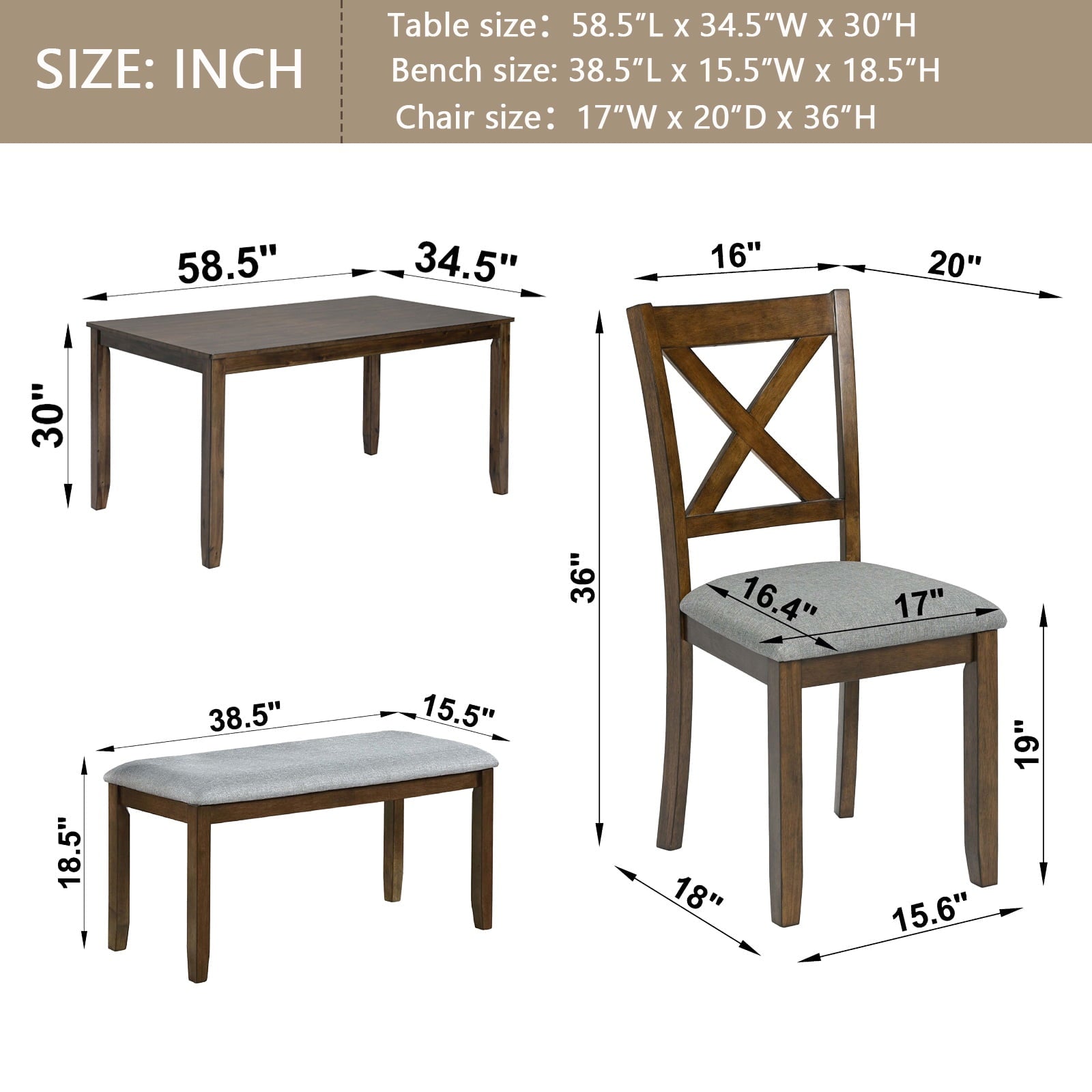 Dining Room Set, LEGAHOME 6 Piece Dining Sets with Bench and Chairs, Solid Wood Kitchen Dining Table Set for 6 with Upholstered Chairs, Gray