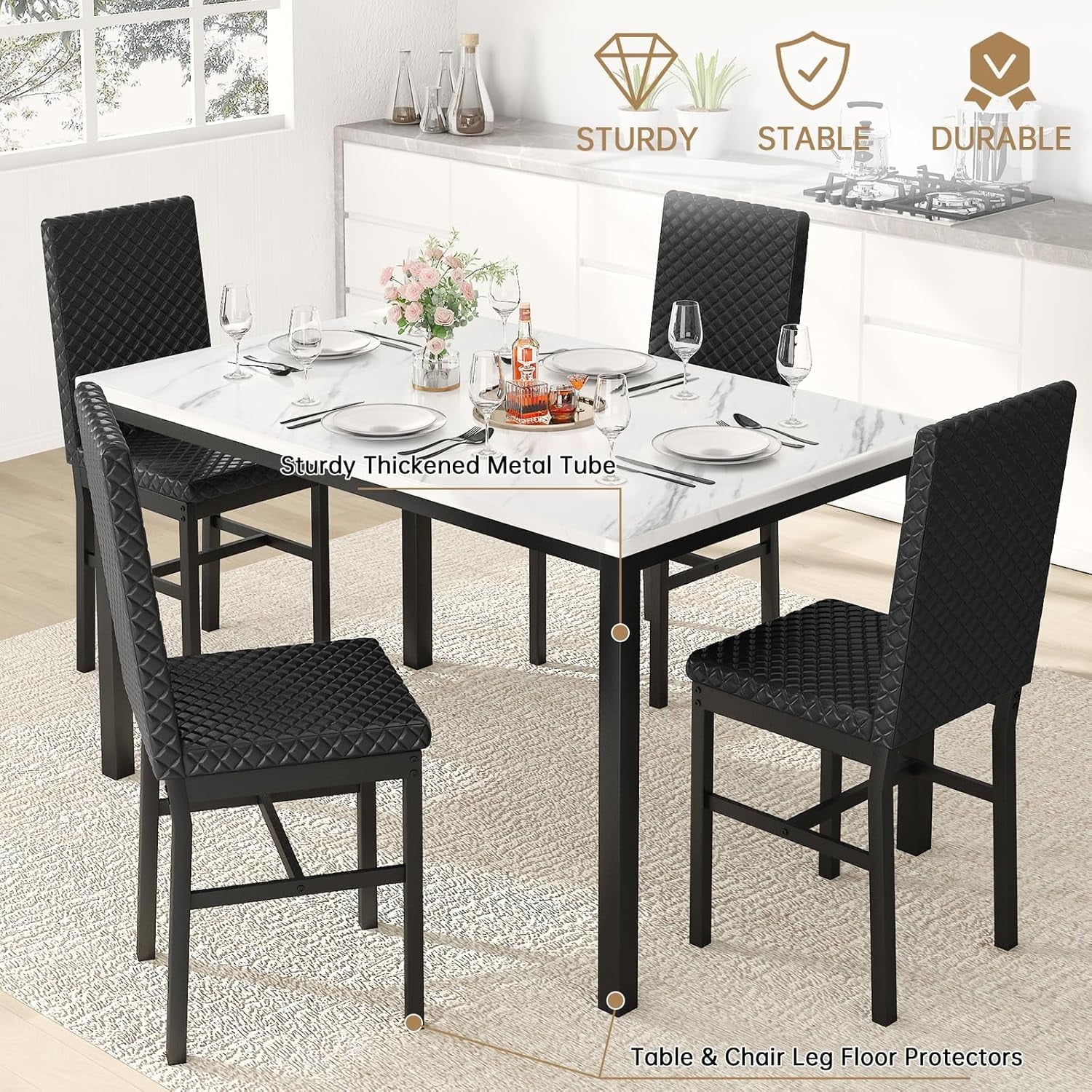Baxluxe Dining Table Set for 4, Modern 5 Piece Dining Table Set, Faux Marble Kitchen Table and 4 Velvet Upholstered Chairs for Apartments, Dining Rooms, Small Spaces, Gray