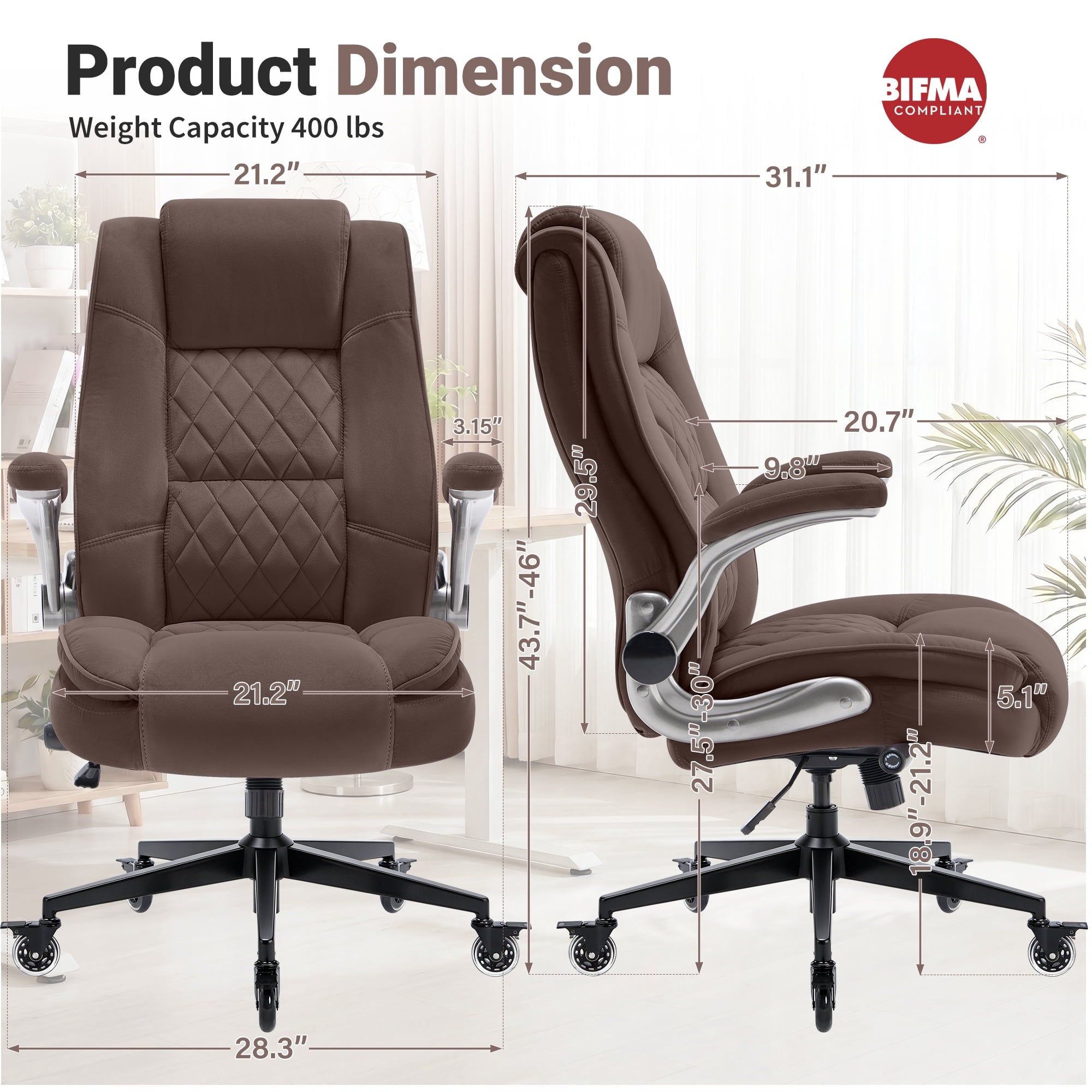 Ergonomic Home Office Chair with Locking Wheels, High-back Desk Chair with Thick Padded Flip-up Armrest, Comfy Executive Chair with Adjustable Lumbar Support for Home & Office & Work