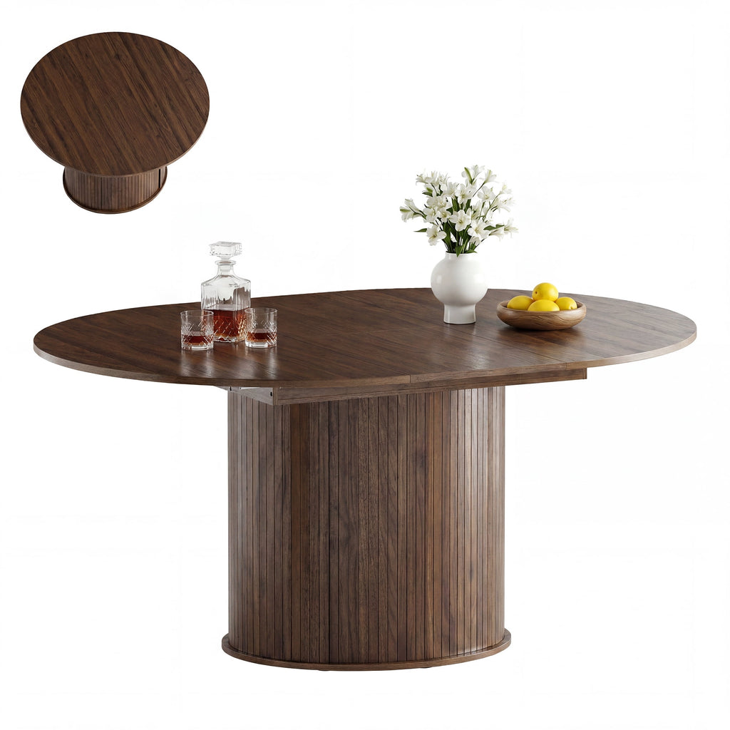 EOP 47″- 63″ Extendable Round Dining Table for 4-6, Wooden Kitchen Table with Hidden Storage and Fluted Sliding Door Cabinet, Modern Space-Saving Table for Dining Room Kitchen, Walnut