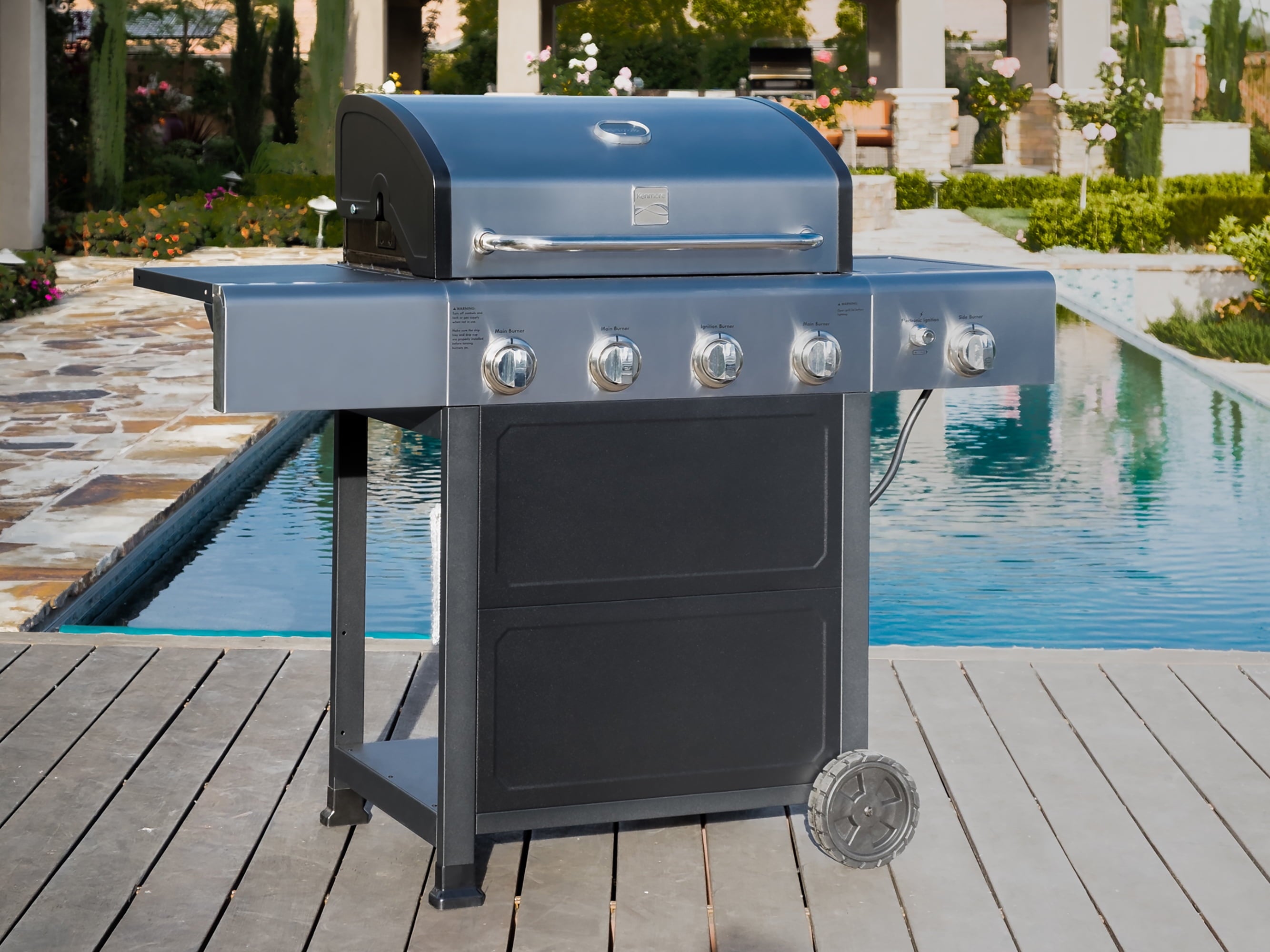 Kenmore 4-Burner Outdoor Propane Gas Grill with Side Burner, Open Cart, Stainless Steel