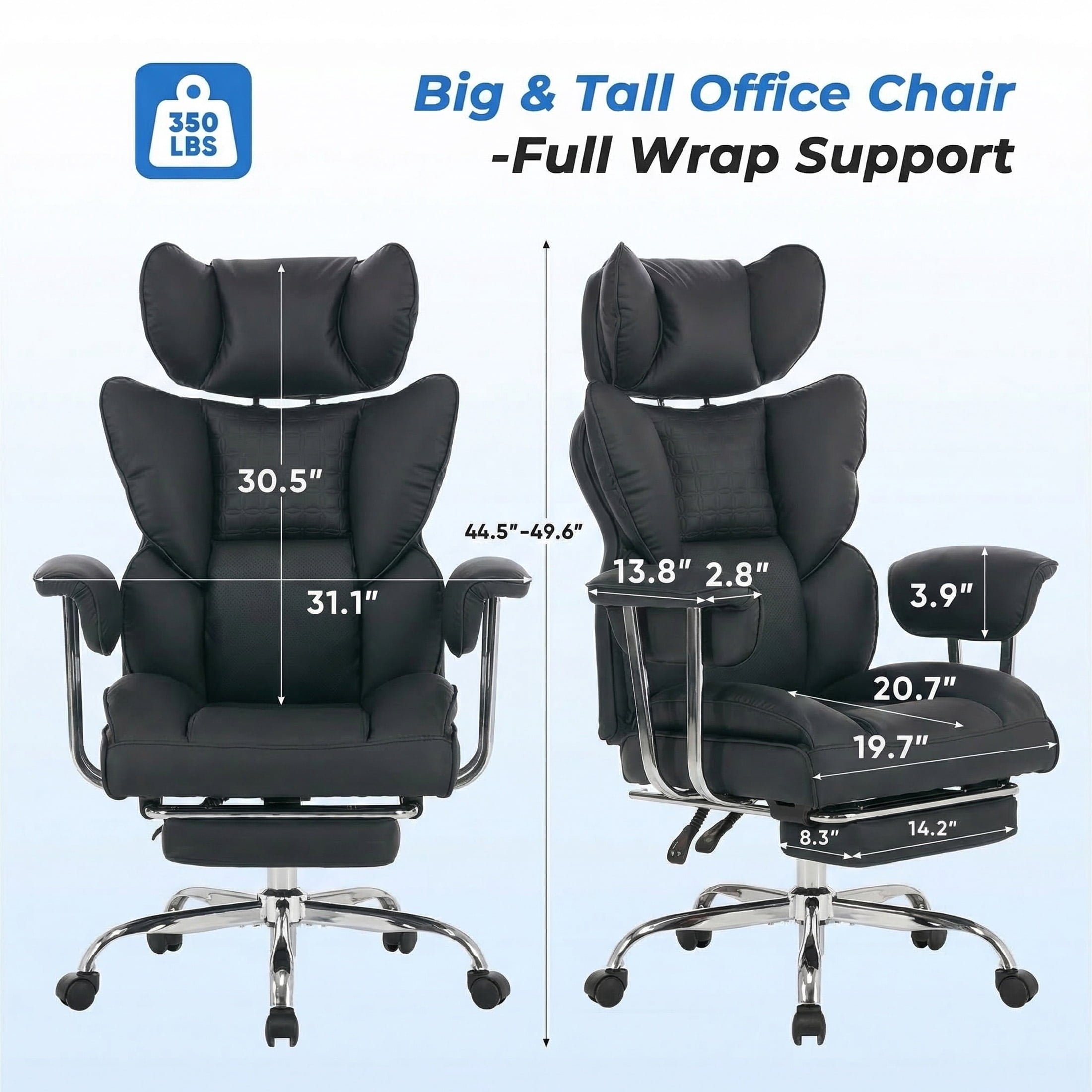 edx Executive Home Office Desk Chair, Ergonomic Big Tall High Back with Footrest & Lumbar Support, Reclining Comfy PU Leather Computer Gaming Chair with Swivel Wheels, Height Adjustable, Black