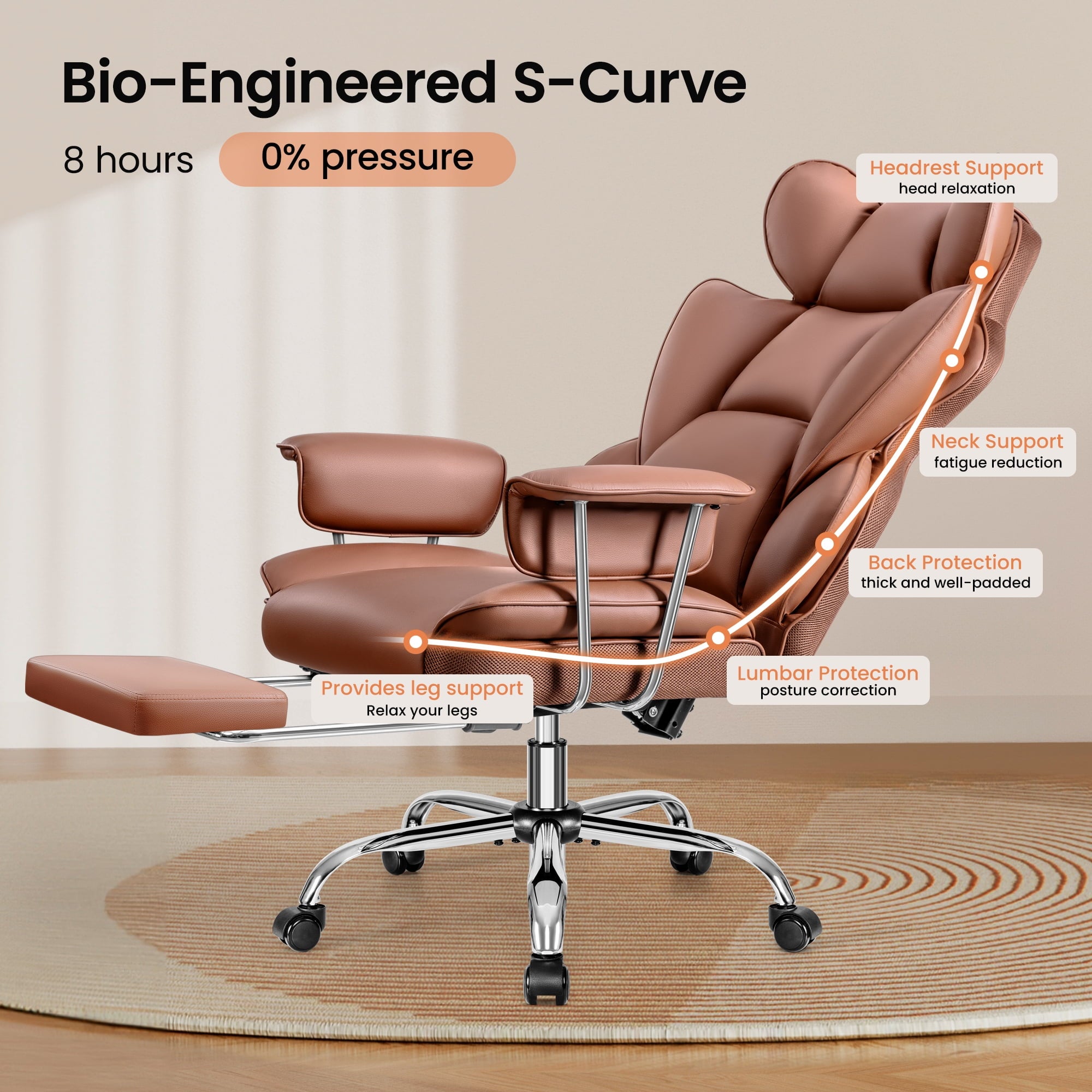 Primy High Back Office Chair, Big and Tall PU Leather Executive Chair with Footrest – Ergonomic Reclining Computer Desk Chair, High-Density Foam, Heavy Duty Swivel Rolling Chair, Black