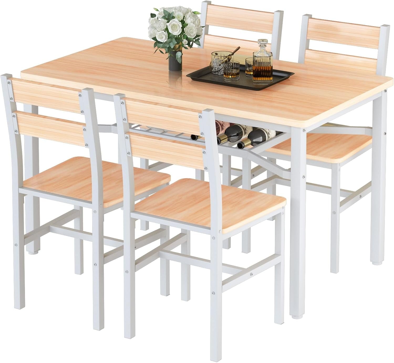 Baxluxe 4-person dining table set, farmhouse-style wooden kitchen dining table and chair set, farmhouse 5-piece dining table set with storage rack, small kitchen dining table set,Black
