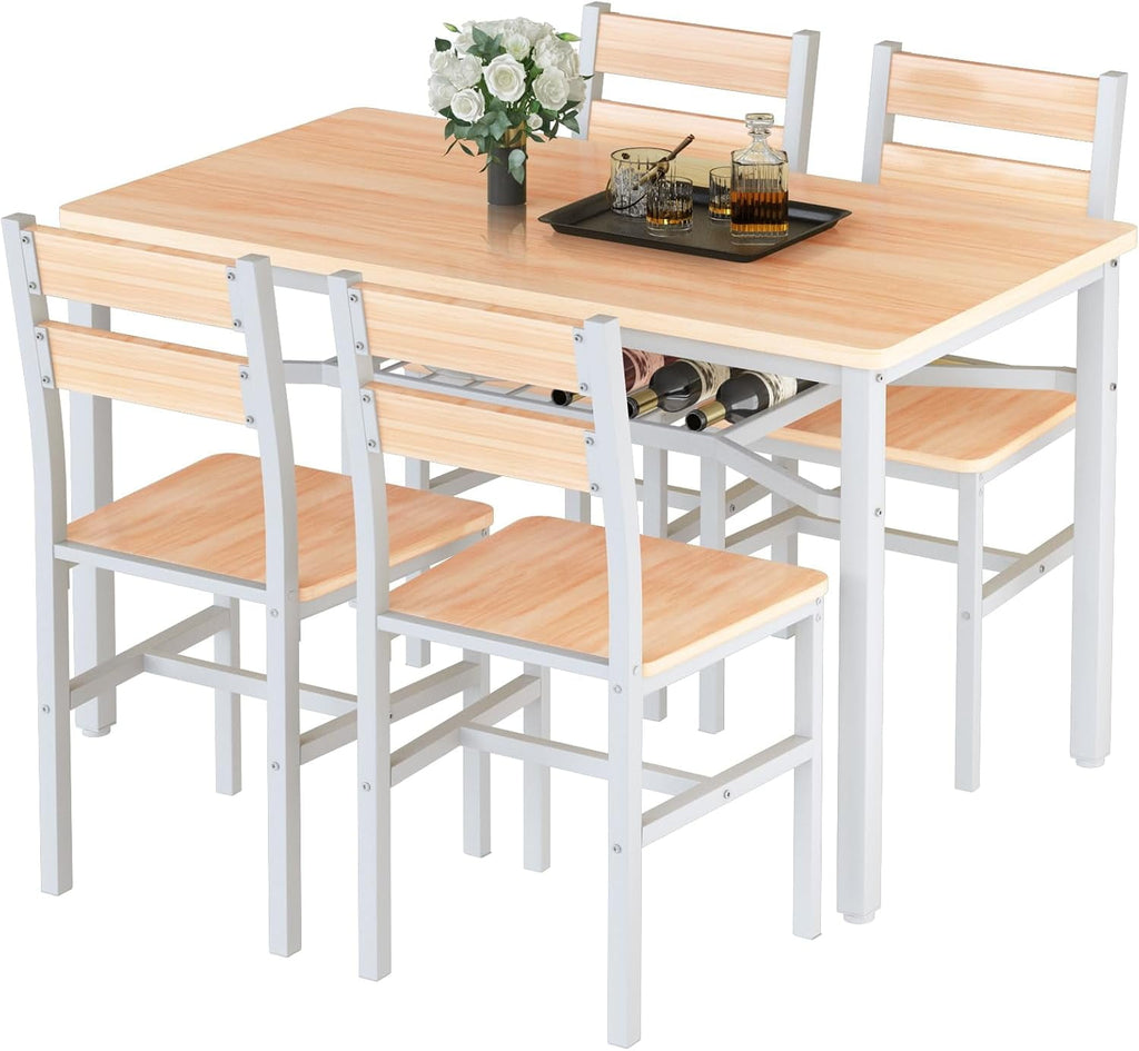 LinkRomat Dining Table Set for 4, Farmhouse Kitchen Table with 4 Wood Chairs, Dining Room Set for Breakfast Nook, Small Places, Restaurant, Gray