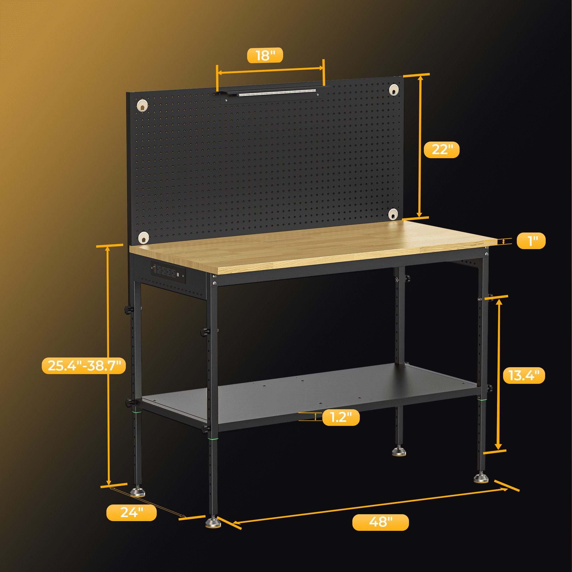 60 Multifunctional Heavy Duty Workbench for Garage with Pegboard,2000LBS Load,Adjustable Height,LED Light,Rubberwood Tabletop