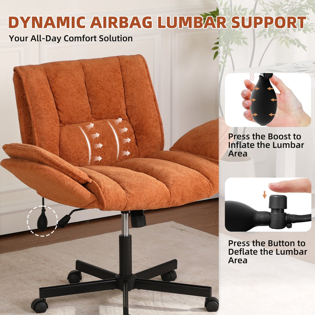 Cross Legged Office Chair with Wheels & Dynamic Airbag Lumbar Support, Criss Cross Wide Seat, 5-Position Fold-Down Armrests, Swivel Vanity Chair for Home Office, Dark Green