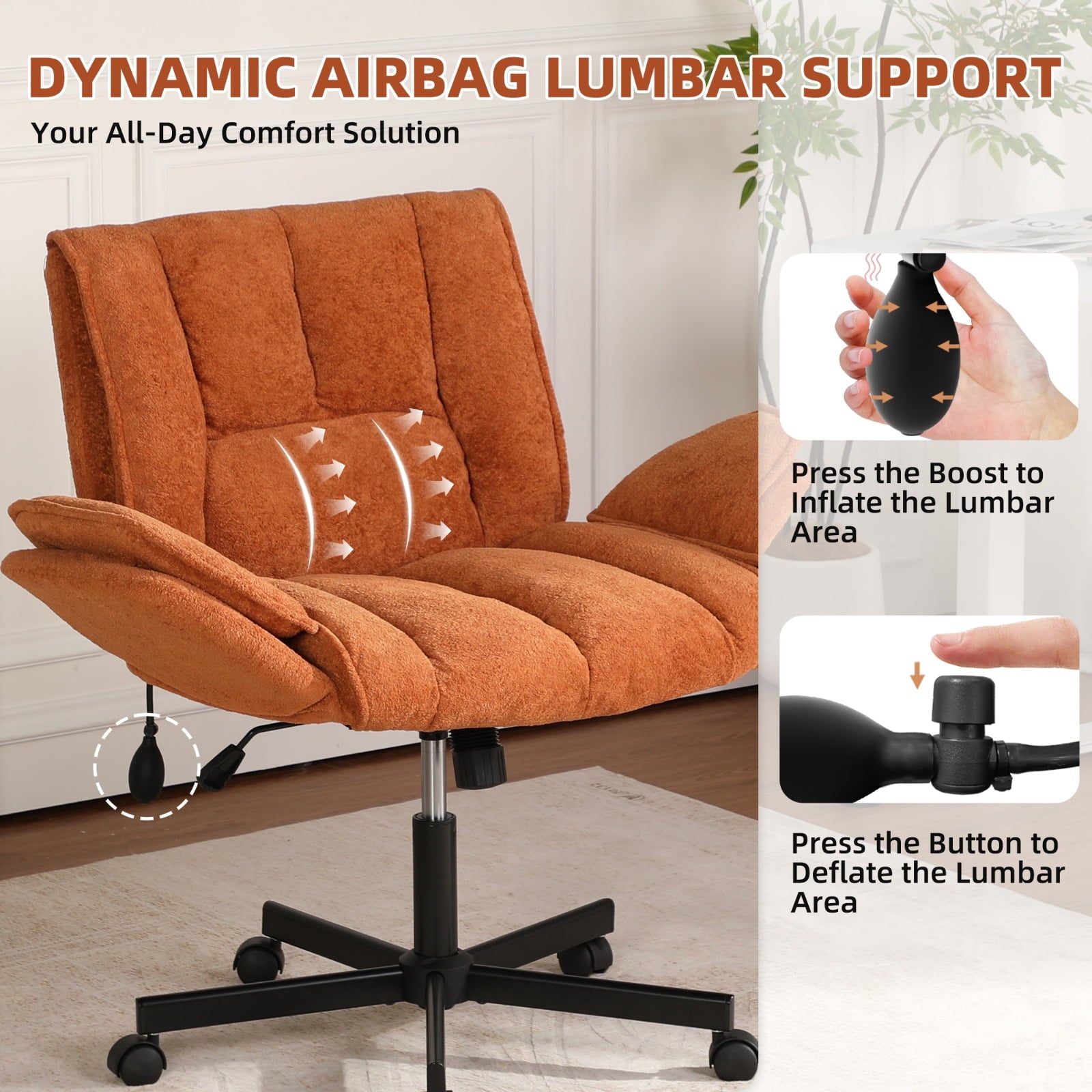 Cross Legged Office Chair with Wheels & Dynamic Airbag Lumbar Support, Criss Cross Wide Seat, 5-Position Fold-Down Armrests, Swivel Vanity Chair for Home Office, Dark Green