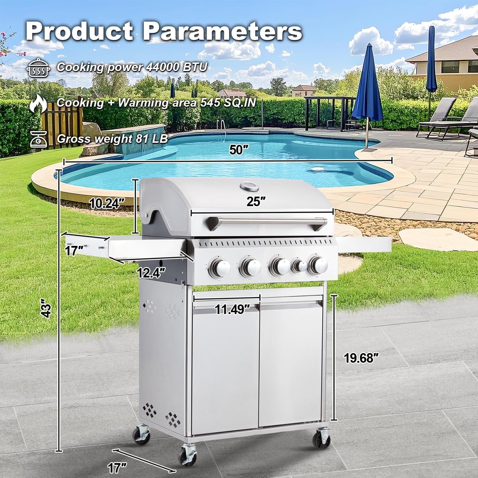 MELLCOM Upgraded 36,000 BTU Stainless Steel Burner Barbecue Grill, 3 Burner BBQ Propane Gas Grill with Cast Iron Grates & Side Stove for Patio, Camping, Outdoor Cooking