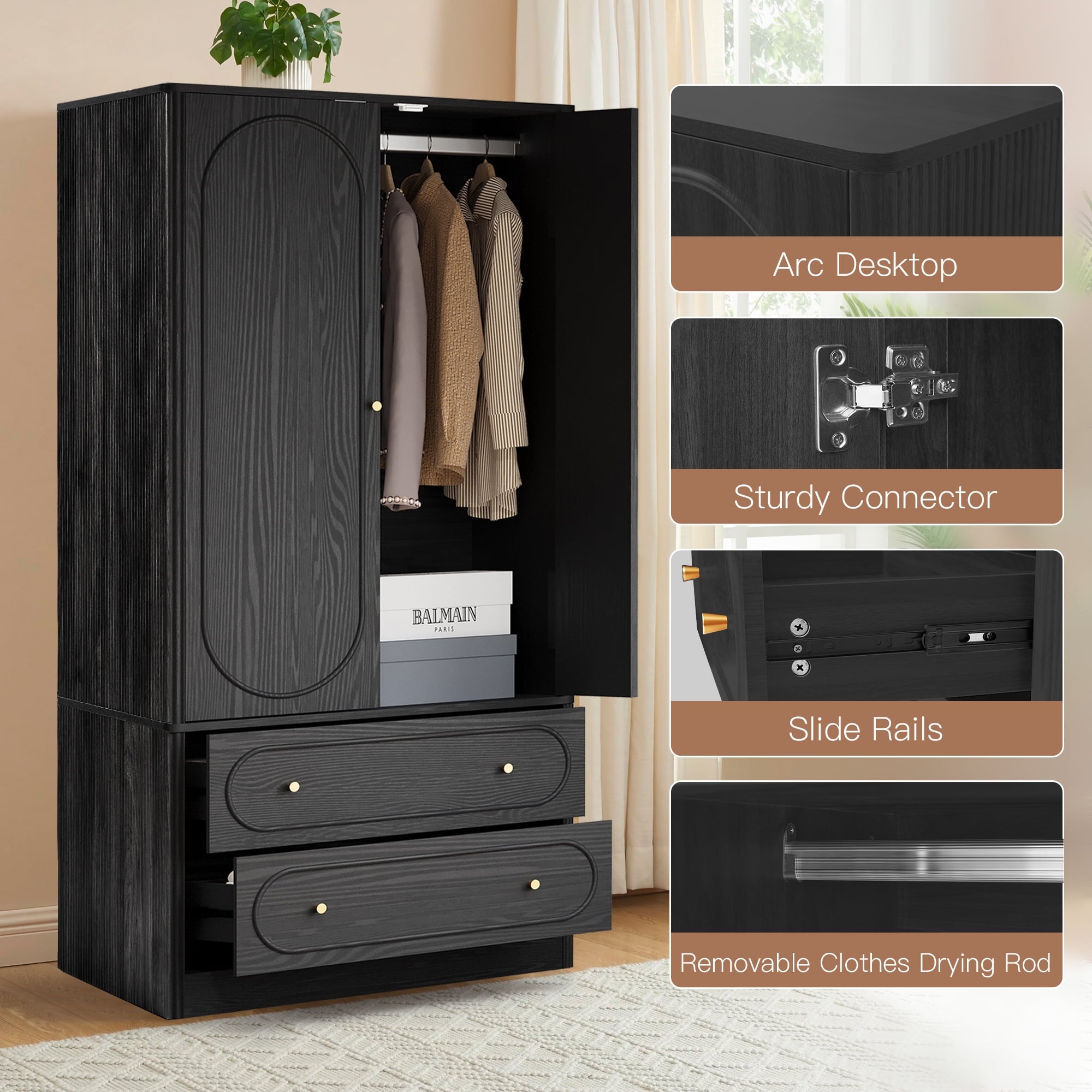 Wirrytor Freestanding Wooden Armoire Wardrobe with 2 Woven Doors and Storage Drawers, Space-Saving Closet Cabinet for Bedroom, Sturdy Mdf Board Closet with Hanging Rail
