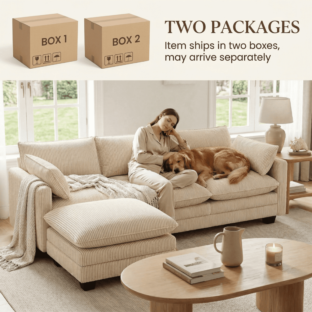110'' Oversized L Shaped Couch for Living Room, Cloud Couches with Washable Corduroy Cover, Modern 4-Seater Comfy Deep-Seat Sofa with Movable Ottoman and 2 Throw Pillows for Apartment, Gray