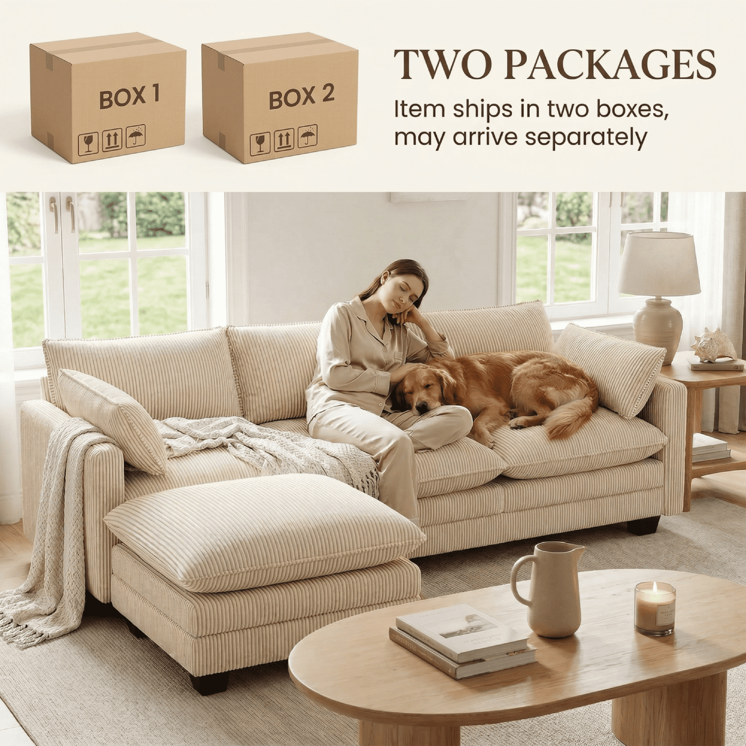 110'' Oversized L Shaped Couch for Living Room, Cloud Couches with Washable Corduroy Cover, Modern 4-Seater Comfy Deep-Seat Sofa with Movable Ottoman and 2 Throw Pillows for Apartment, Gray