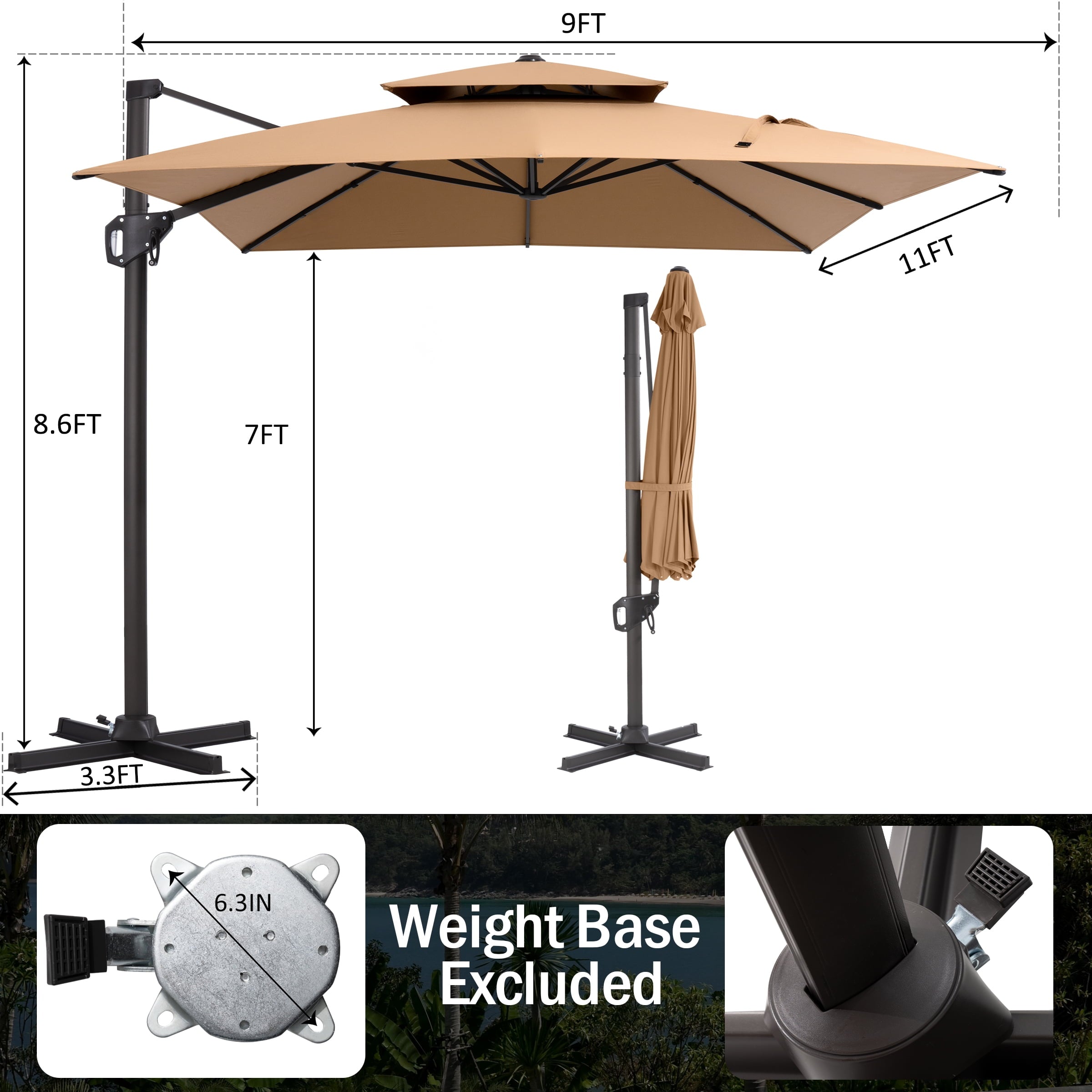 Pellebant 9' X 11' Patio Umbrella Outdoor Rectangle Umbrella Large Cantilever Umbrella Windproof Offset Heavy Duty Sun for Garden Deck Pool Patio