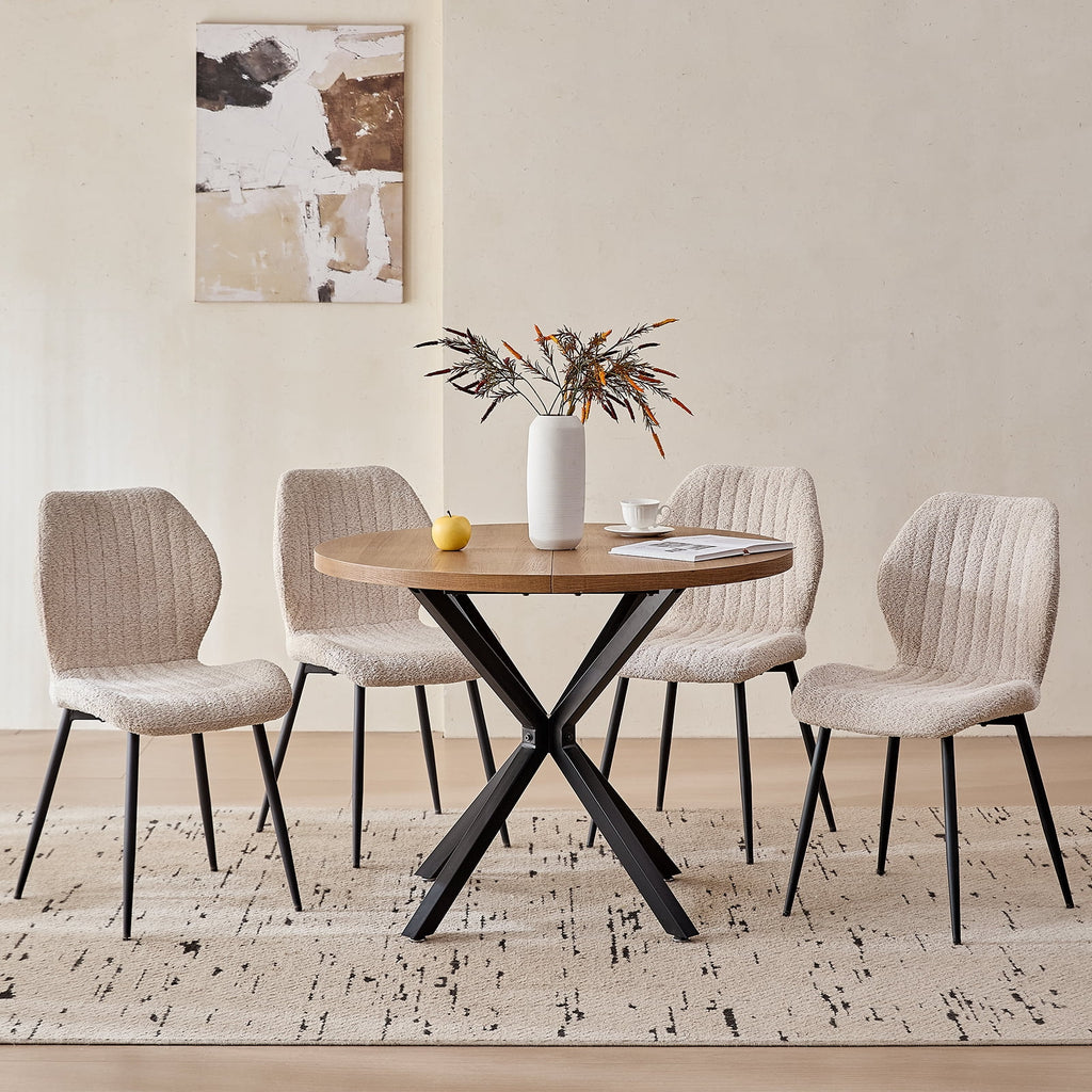5 Piece 39 Round Dining Table Set for 4, Mid Century Kitchen Table with 4 Khaki Fabric Upholstered Dining Chairs for Apartment Living Room, Space Saving Table.